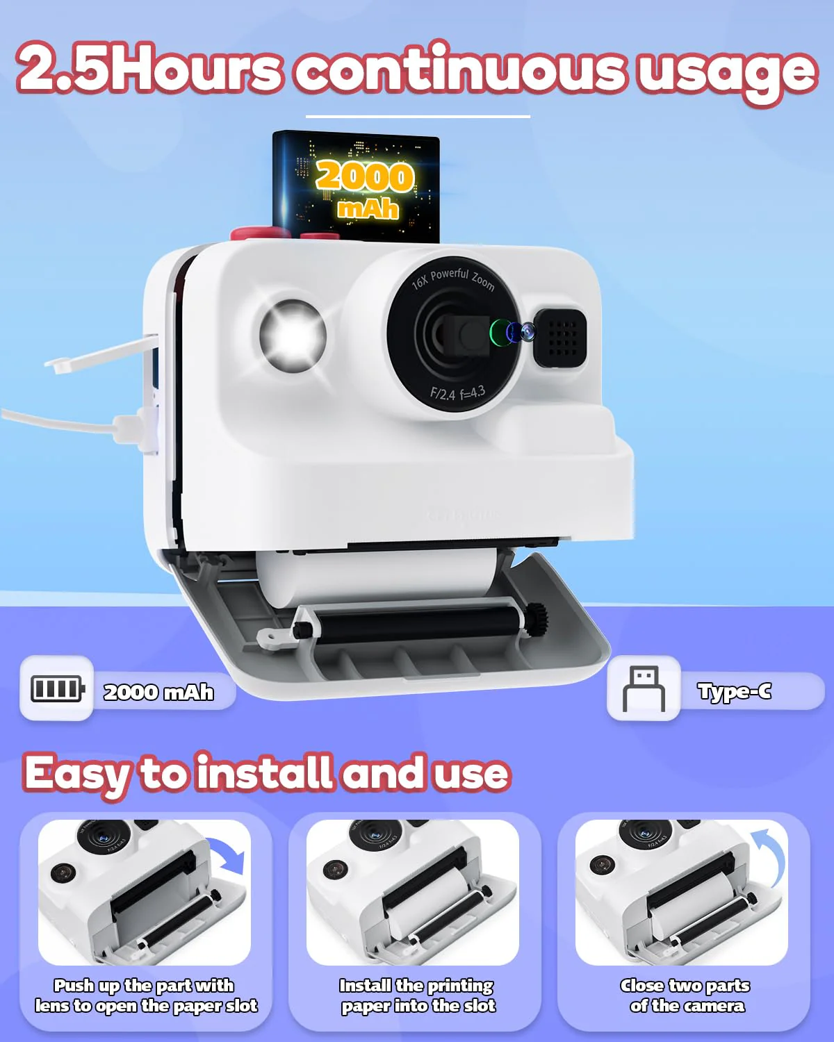 Dylanto Instant Print Camera for Kids,2.4 Inch Screen Kids Instant Cameras, Christmas Birthday Gifts for Girls Age 3-12, Portable Toddler Toy for 3 4 5 6 7 8 9 10 Year Old Girls Boys White - Image 6