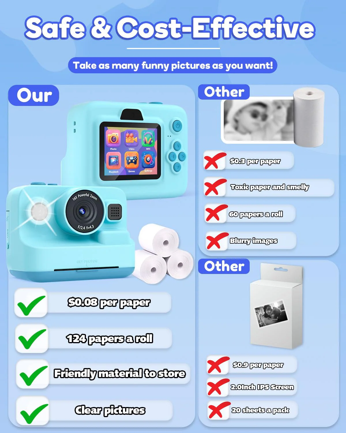 Dylanto Kids Camera Instant Print,1080P Kids Instant Cameras That Print Photos,Christmas Birthday Gifts for Girls Age 3-12,Portable Toy for 3 4 5 6 7 8 9 10 Year Old Girls Boys-Blue Blue - Image 5