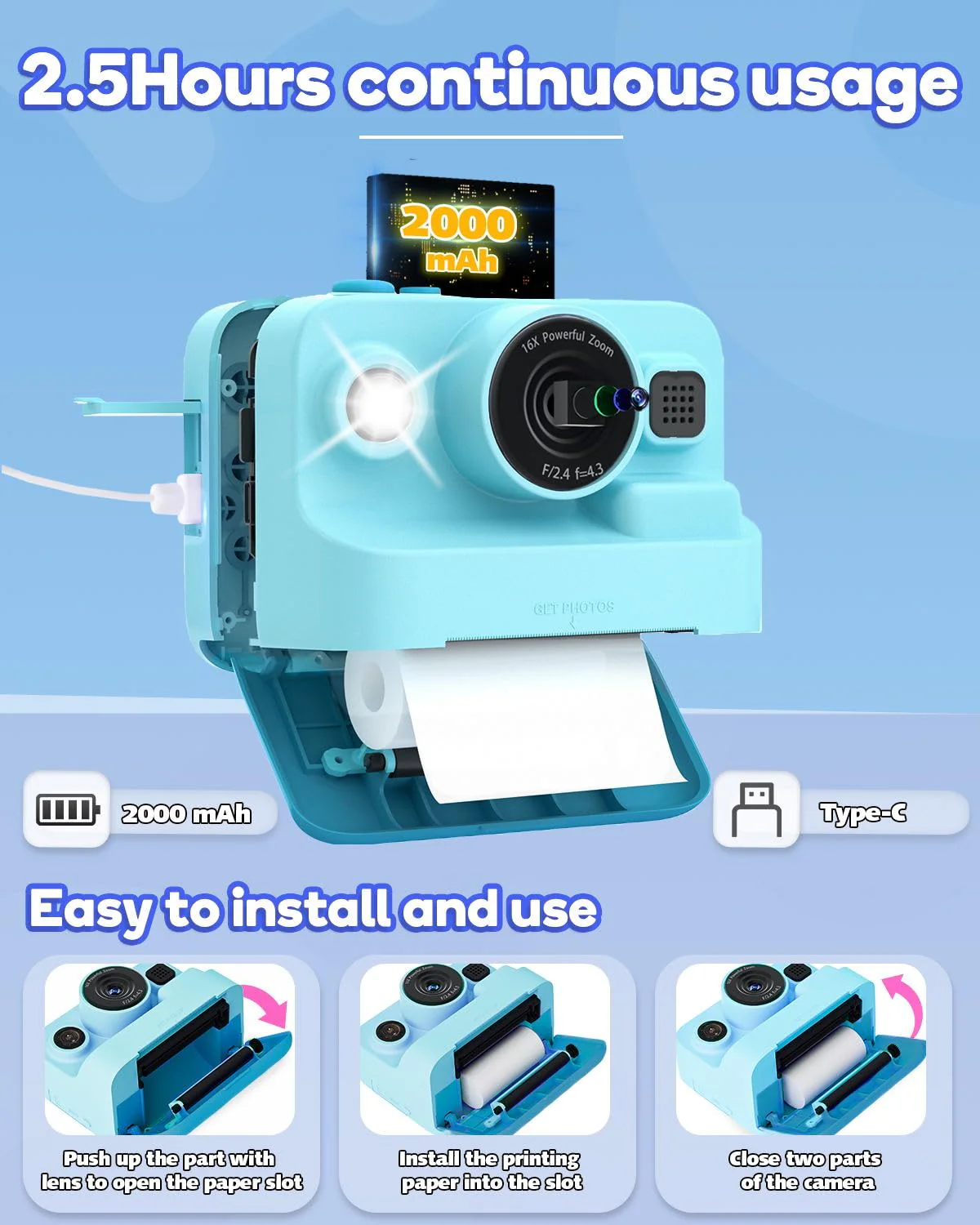 Dylanto Kids Camera Instant Print,1080P Kids Instant Cameras That Print Photos,Christmas Birthday Gifts for Girls Age 3-12,Portable Toy for 3 4 5 6 7 8 9 10 Year Old Girls Boys-Blue Blue - Image 6