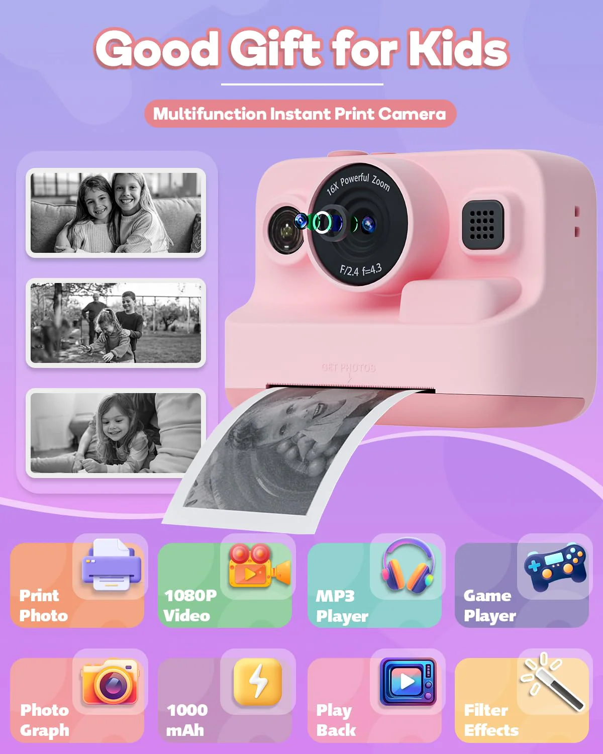 Dylanto Kids Camera Instant Print,1080P Kids Instant Cameras That Print Photos,Christmas Birthday Gifts for Girls Age 3-12,Portable Toy for 3 4 5 6 7 8 9 10 Year Old Girls Boys Pink - Image 2