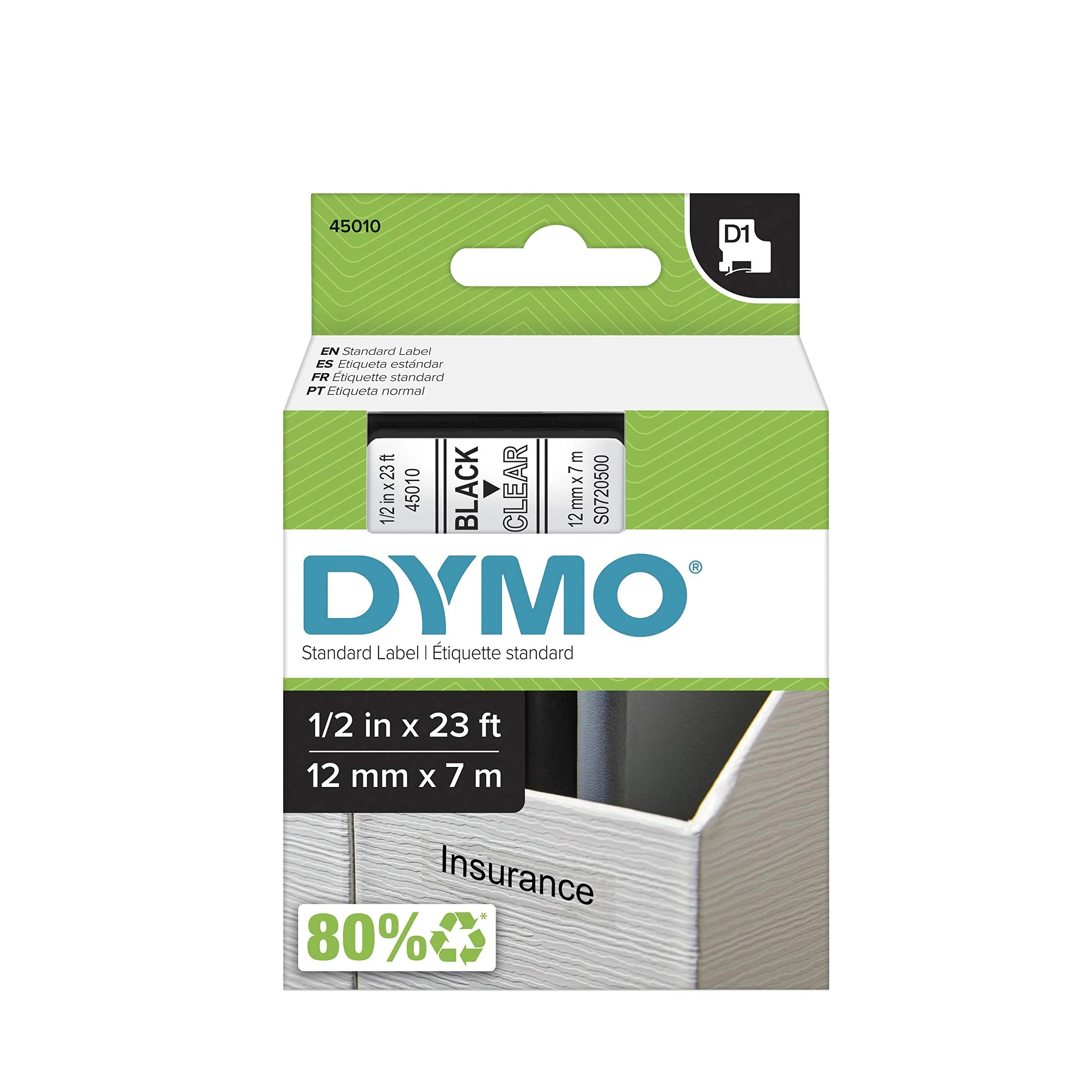 DYMO Standard D1 45010 Labels for LabelManager Label Makers, 1/2" W x 23' L, Black Print on Clear Tape, Self-Adhesive, 1 Cartridge 1/2" Black on Clear
