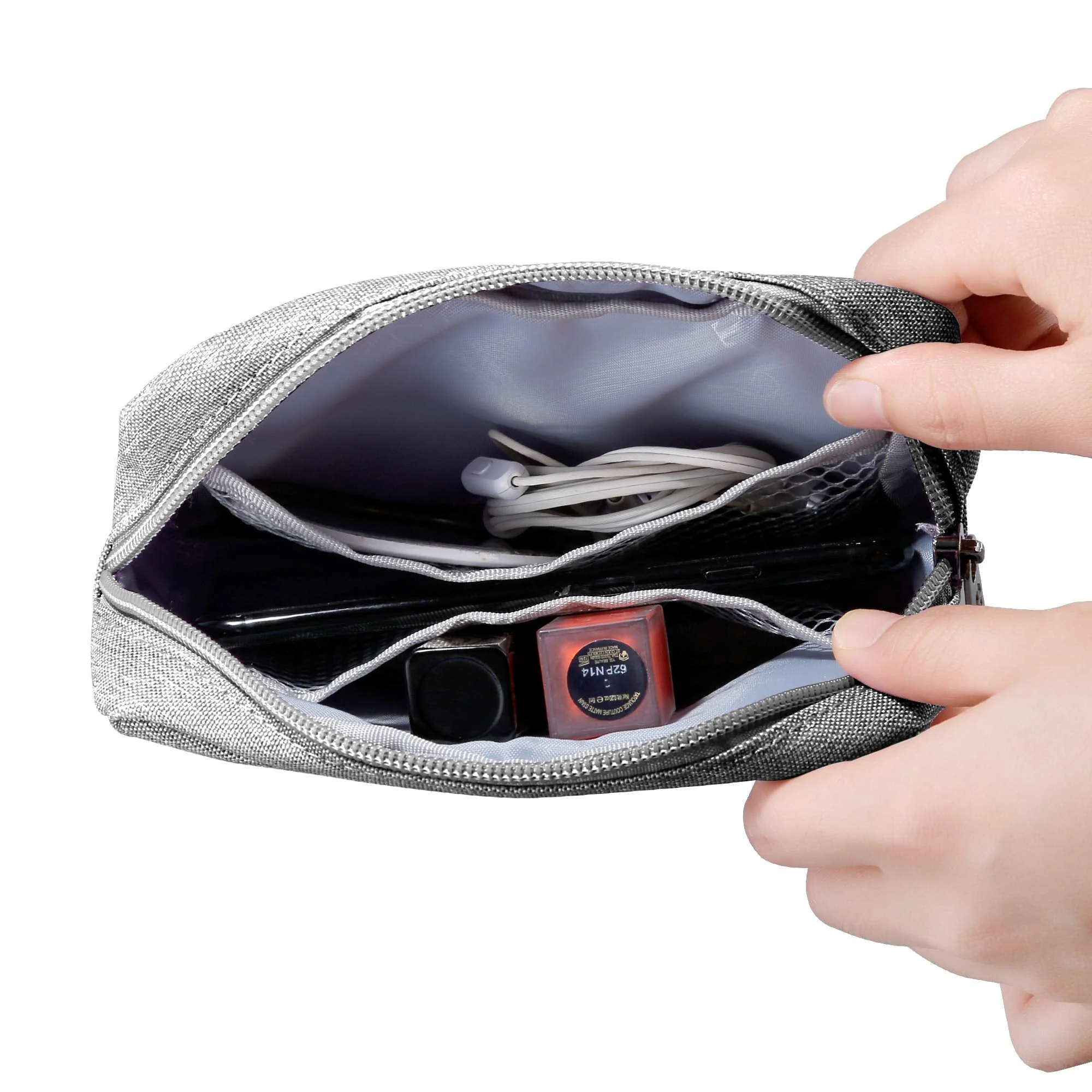 E-Tree 7 inch Canvas Zippered Small Bag, Mini Travel Makeup Carrying Case, Cosmetic Bag, Portable Electronics Accessories Organizer, Tiny Coin Purse Wallet, Little Pouch for Little Items, Grey 6" X 1.8" X 4" - Image 3