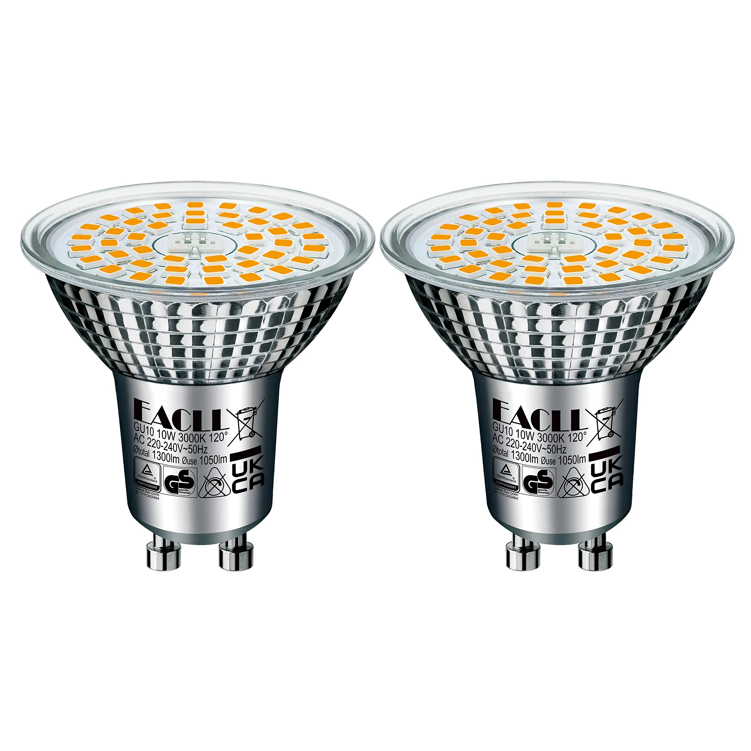 EACLL GU10 LED Warm White 10 W Replaces 140 W Halogen Bulbs, Pack of 2, 1050 Lumen 3000 K Bulbs, AC 230 V Flicker-Free Spotlight, Beam Angle 120 Degree Spotlight, Non-Dimmable Reflector Lamps 10 W 3000 K Warm White Light 2 Stück (1er Pack)