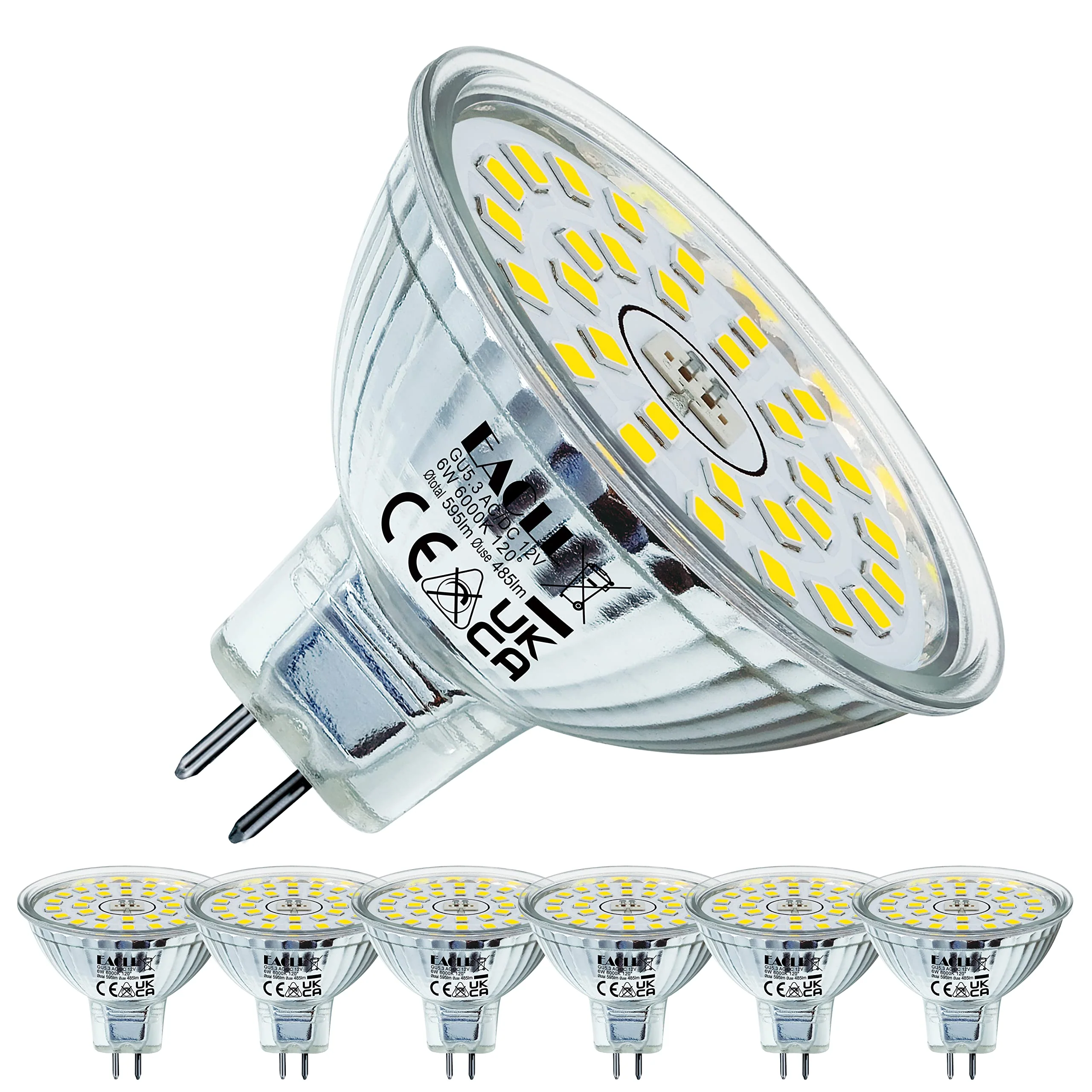 EACLL GU5.3 LED Cool White 6 W Replaces 50 W Halogen MR16 Bulb, Pack of 6, 595 Lumen 6000 K Bulb, AC/DC 12 V Flicker-Free Spotlight, Beam Angle 120 Degree Spot, Non-Dimmable Reflector Lamps 6000 K Cool White Light 6 pcs (pack of 1) 6w