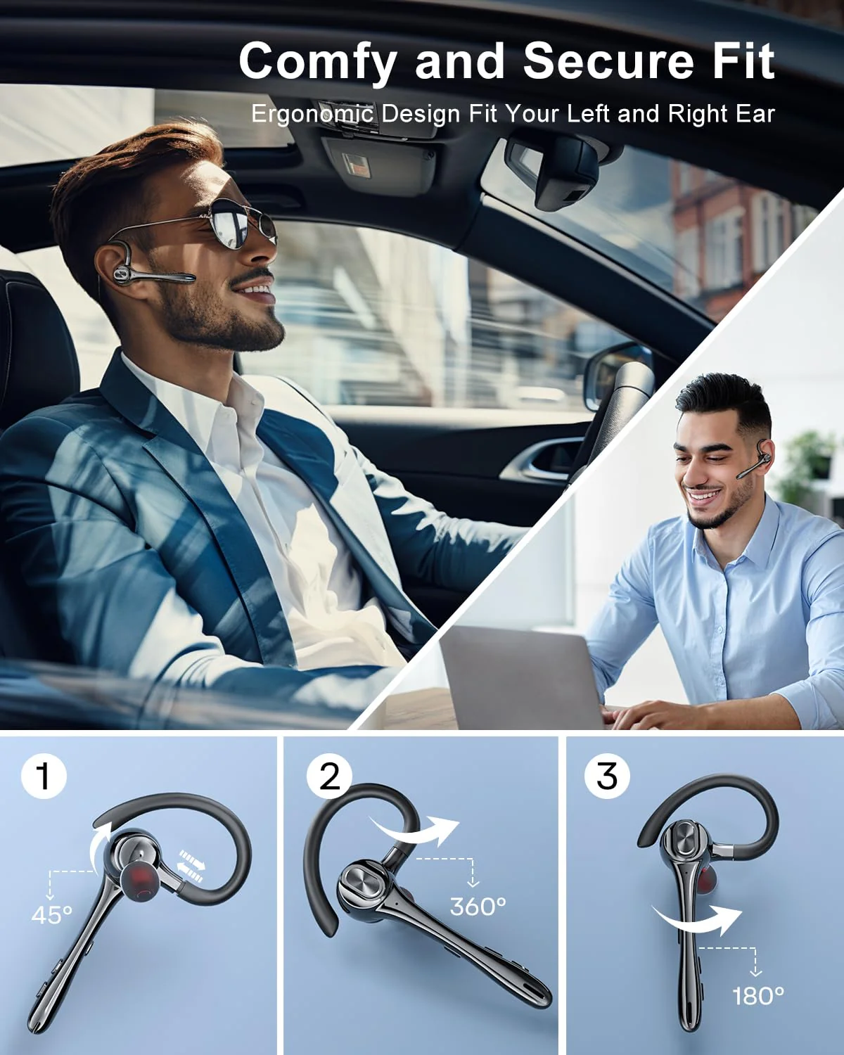 Earbuds Wireless Earpiece Bluetooth Headset with Noise Canceling Mic 160H Standby Time Hands Free Earphones Single Ear Headphone for iphone Android Samsung Cell Phones PC TV Computer Game Trucker Work - Image 4