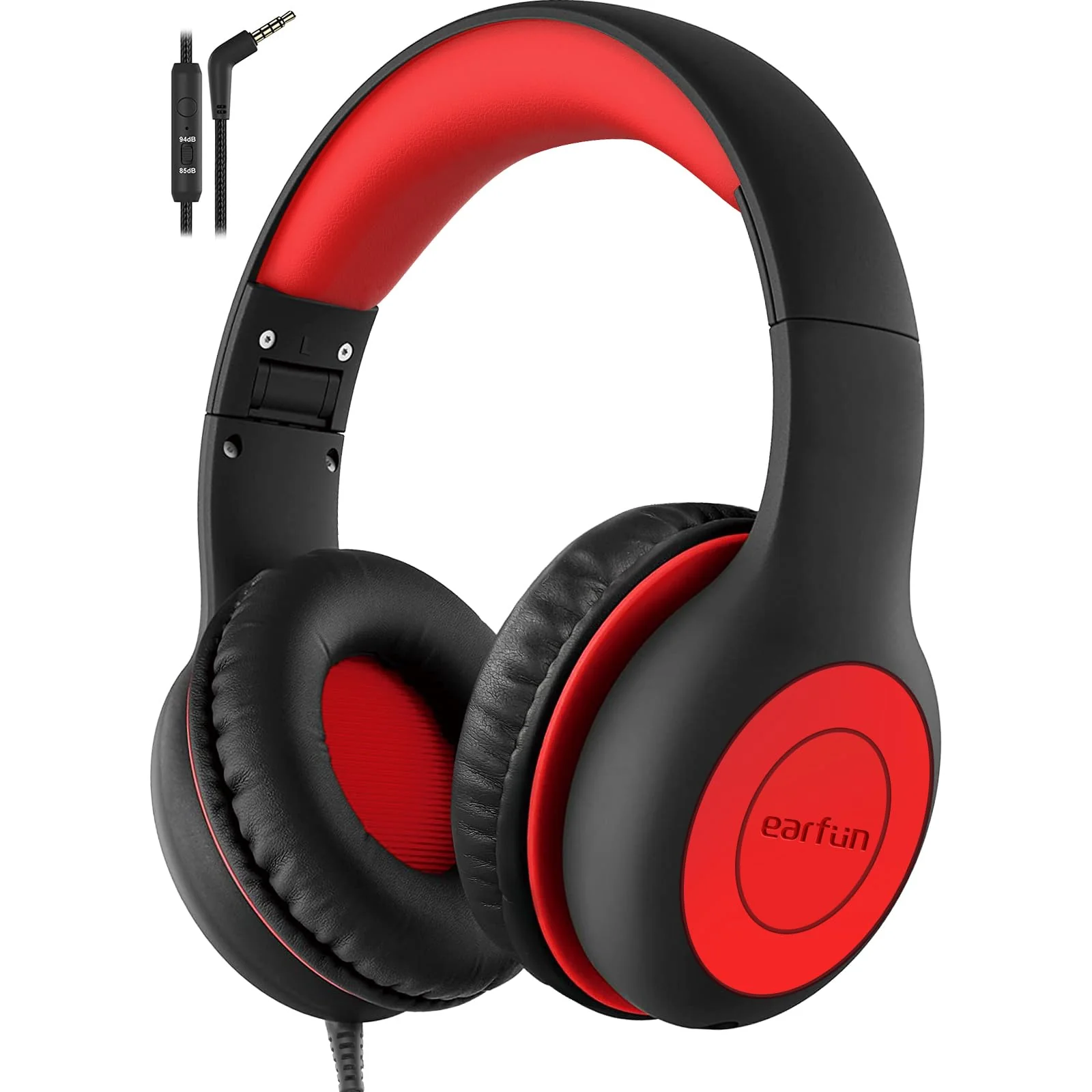 EarFun Kids Headphones Wired with Microphone, 85/94dB Volume Limit Portable Headphones for Kids with Shareport, Stereo Sound Foldable Headset for School/Tablet/iPad/Kindle, Black Red Plug 3.5mm