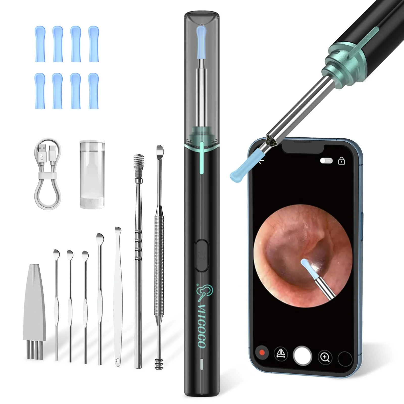 Earwax Remover Otoscope, VITCOCO 1920P WiFi Ear Cleaner, IP67 Waterproof Otoscope Ear, 360° Wide Angle Otoscope Camera with 6 LEDs for Adults, Children and Pets (Black) Black