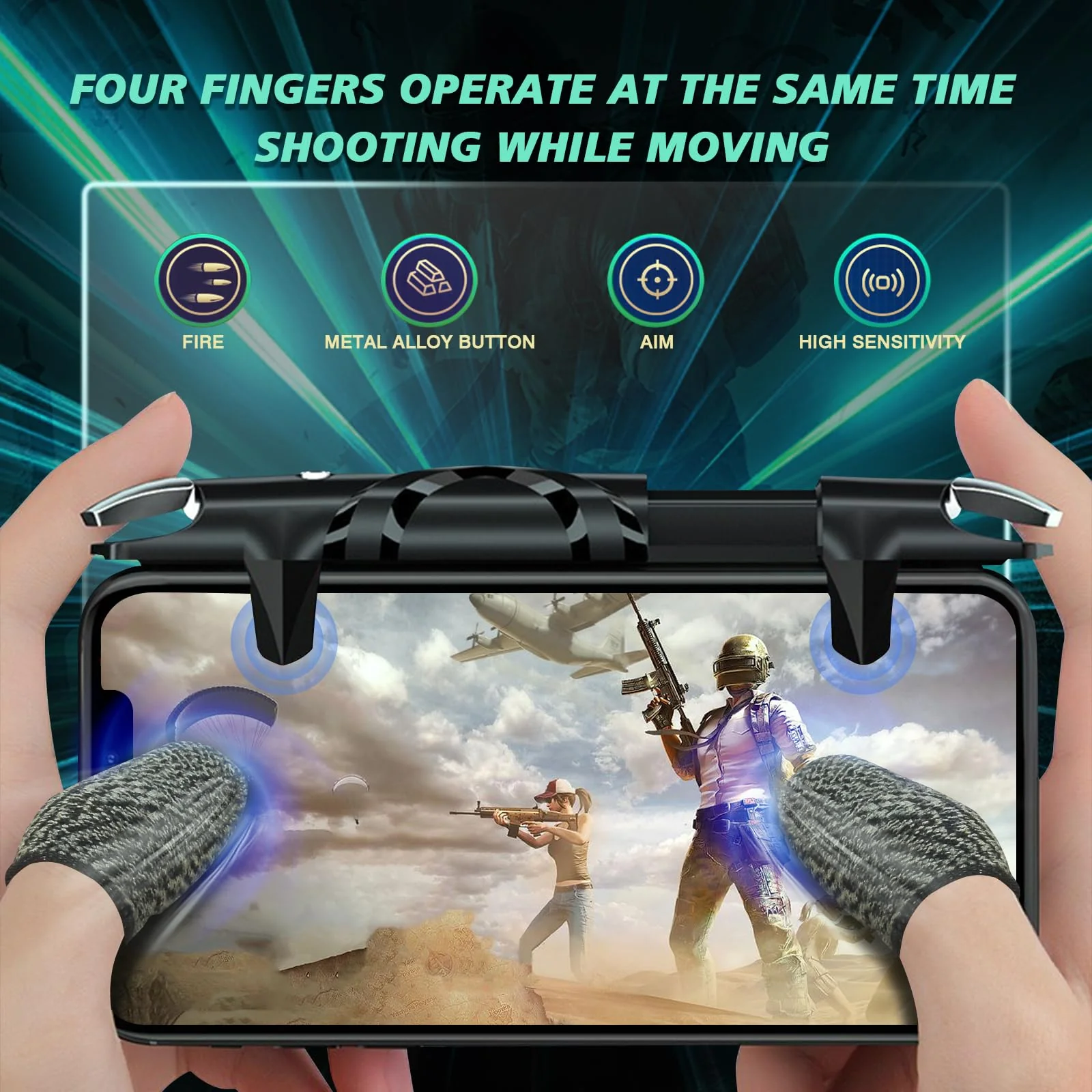 EasEasy Phone Game Trigger for iOS/Android, Mobile Gamepad Controller Compatible for PUBG/Knives Out/Call of Duty, Sensitive Aim & Shoot PUBG Trigger with Gaming Finger Sleeves Black - Image 2