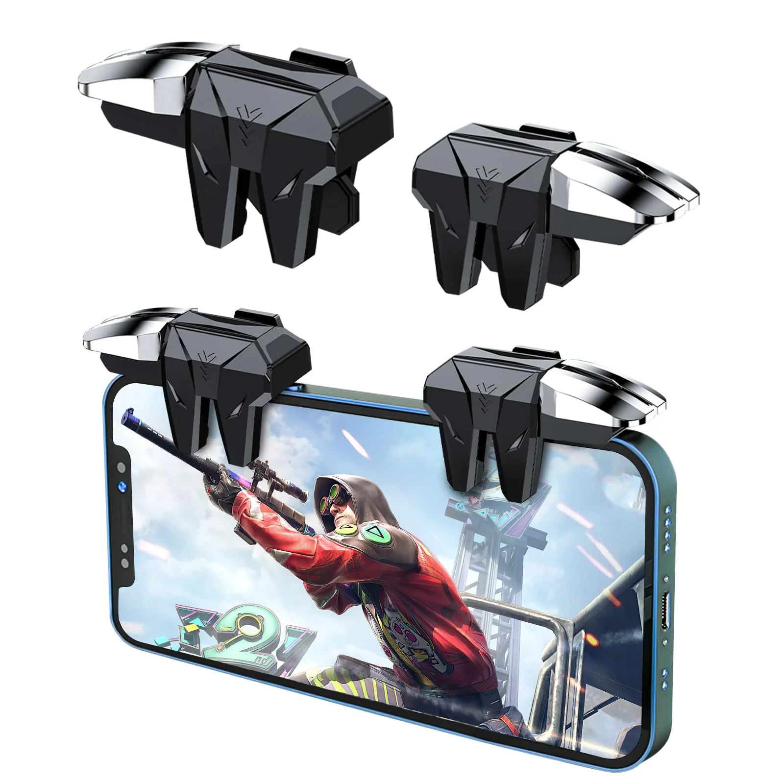 EasEasy PUBG Game Controller Trigger, Mobile Phone Controller Compatible for PUBG/Rules of Survival/Knives Out, 6 Fingers Trigger with Sensitive Aim and Shoot Smartphone Gamepad for iPhone & Android Black