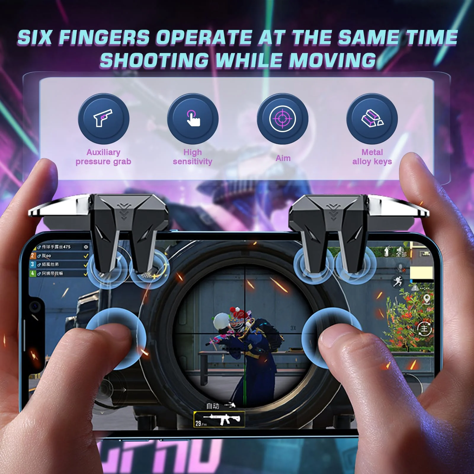 EasEasy PUBG Game Controller Trigger, Mobile Phone Controller Compatible for PUBG/Rules of Survival/Knives Out, 6 Fingers Trigger with Sensitive Aim and Shoot Smartphone Gamepad for iPhone & Android Black - Image 2
