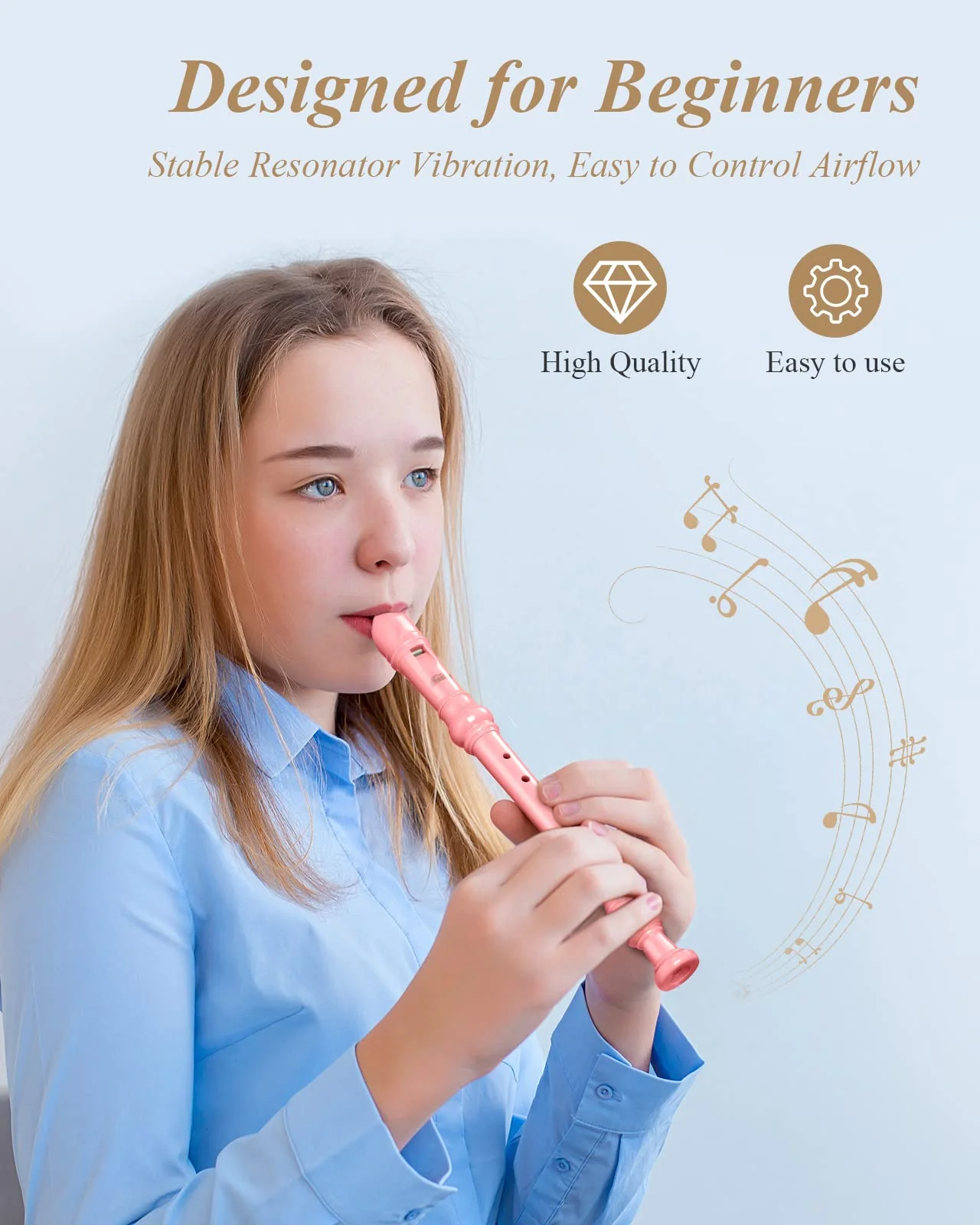 Eastar Soprano Recorder Instrument for Kids Beginners, German Fingering C Key Recorder Instrument 3 Piece with Cleaning Kit, Thumb Rest, Cotton Bag, Fingering Chart, ERS-21GP, Pink, School-Approved - Image 5