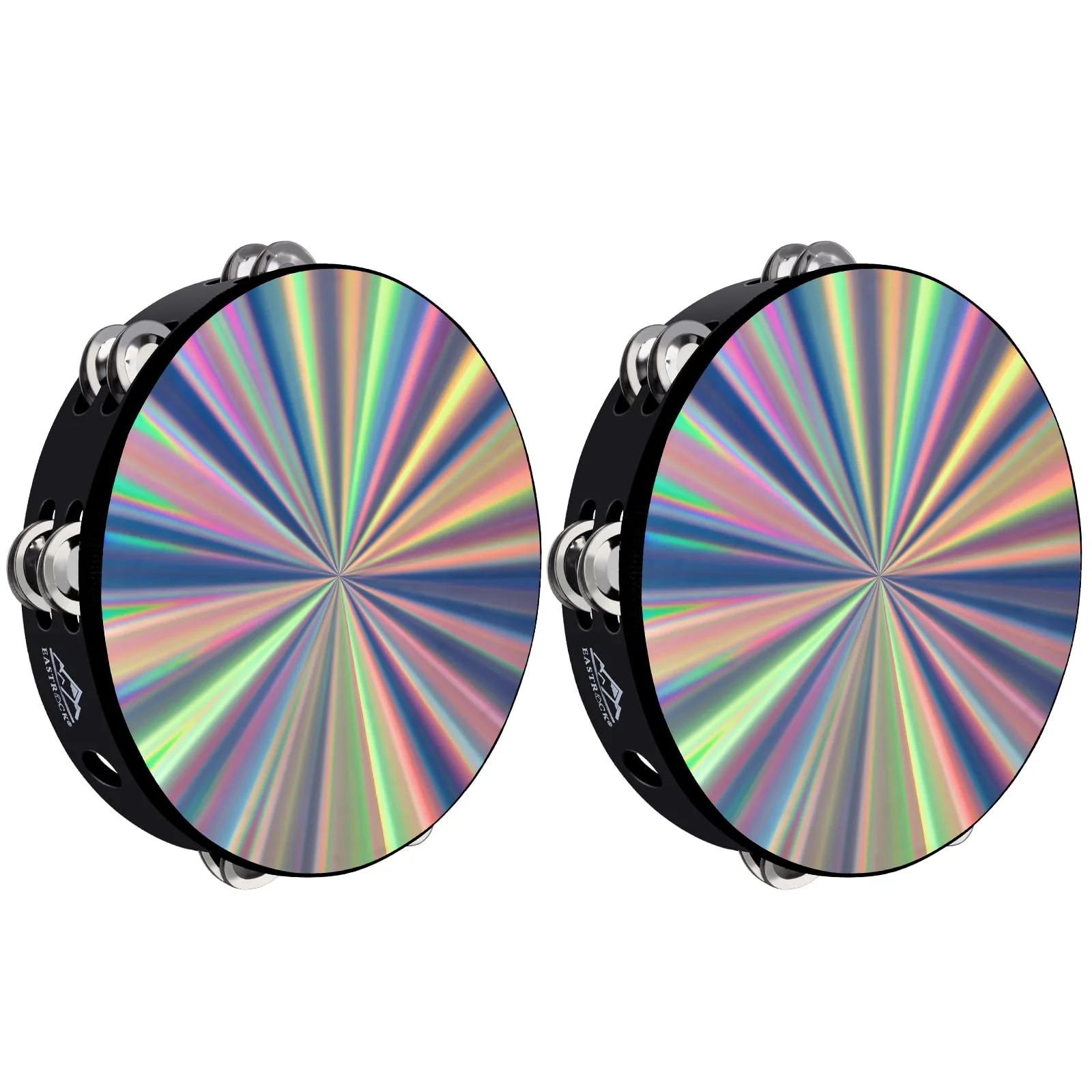 EASTROCK Radiant Tambourine Hand Held Drum 10 Inch Double Row Jingles Reflective Tambourine Musical Instrument for Adults Church KTV Party (2 Packs) 10 inch (2 Pack)