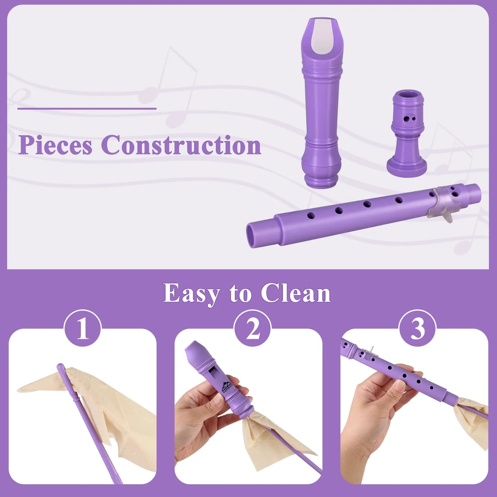Eastrock Soprano Recorder for Kids Beginners, Recorder Instrument German Style C Key 3 Piece ABS with Cleaning Rod, Fingering Chart, Packing Bag, Thumb Rest Purple - Image 6
