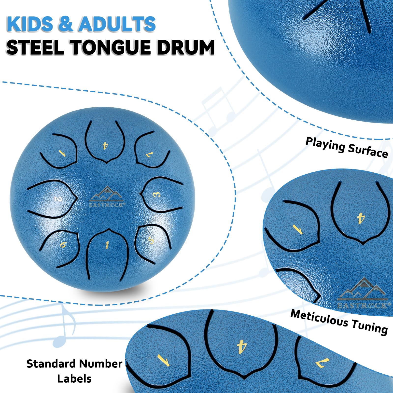 EASTROCK Steel Tongue Drum for Kids 6 Inches 8 Notes Steel Drum Tongue Drum Handpan Drum C Key with Travel Bag,Meditation Entertainment Yoga,Mallets,and Music Book (Blue? Blue - Image 2