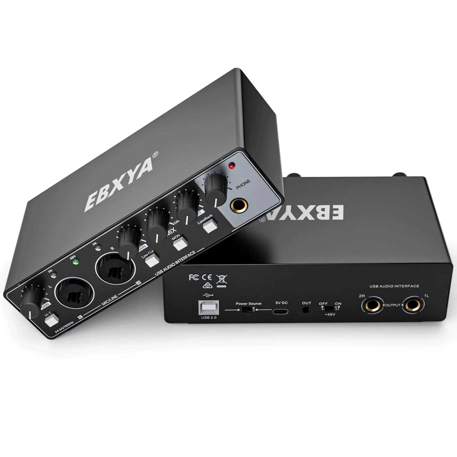 EBXYA 2i2 USB Audio Interface for PC Recording, 24-bit/192kHz Plug and Play USB Interface +48V Phantom Power for Music, Studio, Guitar, Podcast, Streaming No Software Included(Metallic Black) Audio Interface-Black