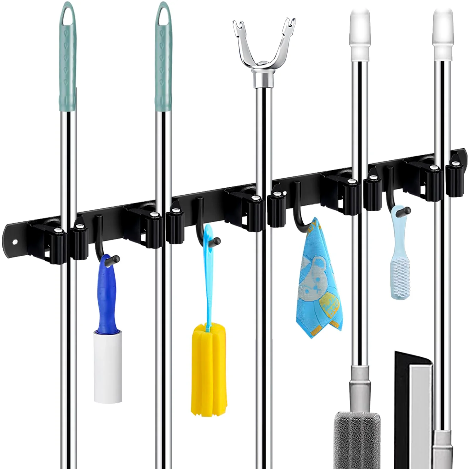 ECHOBUY soporte escobas Broom Holder Wall - Set of 5 Holders + 4 Hooks, Heavy Duty Device Holder, Self-Adhesive or Can be Installed with Nails, Ideal as a Broom Holder and for Other Garden Tools