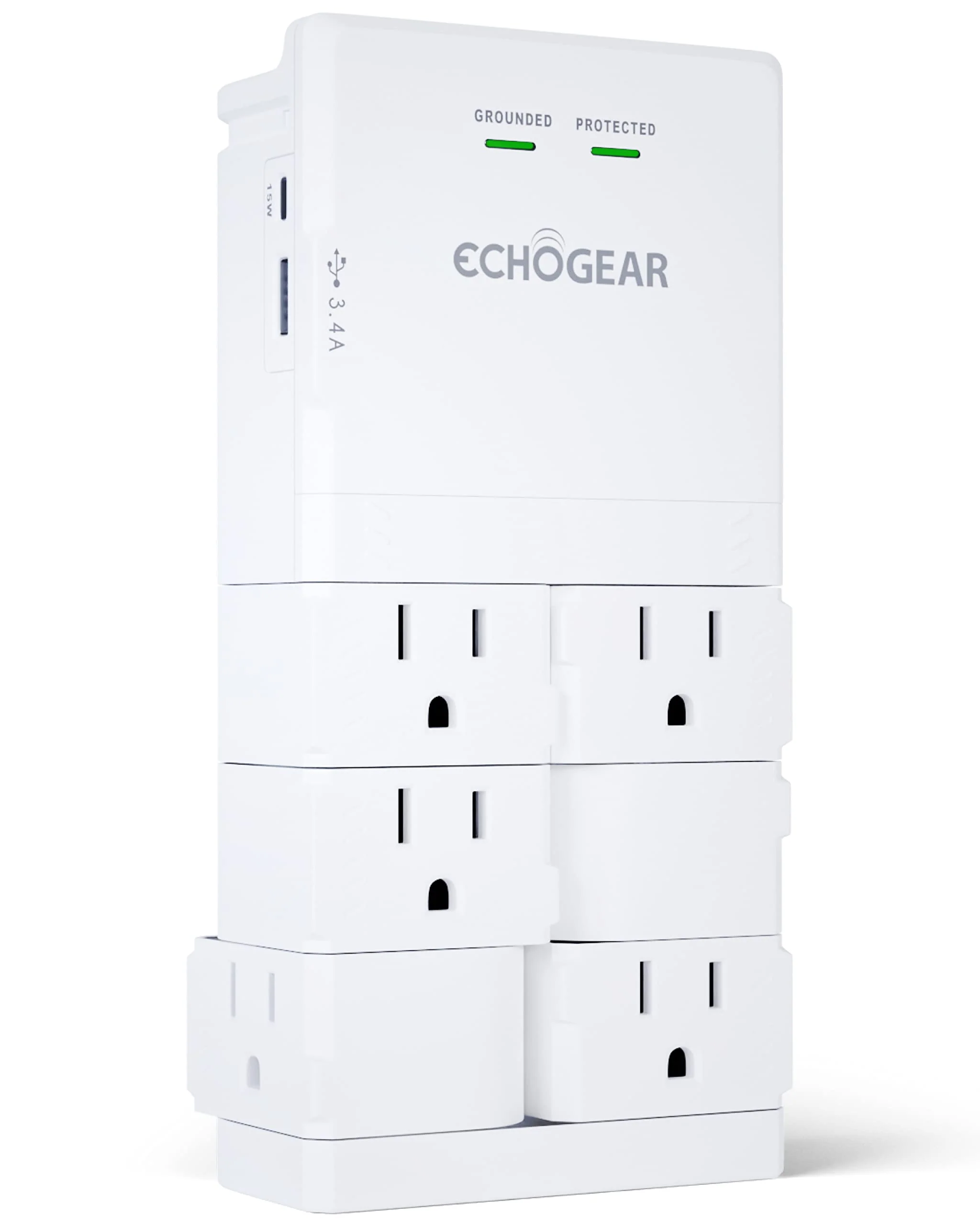 ECHOGEAR Wall Outlet with USB Ports & Surge Protection - Power Protect 8 Devices 6 Rotating AC Plugs 2 Includes 1x USB-C Port USB-A White White With USB-C & USB-A