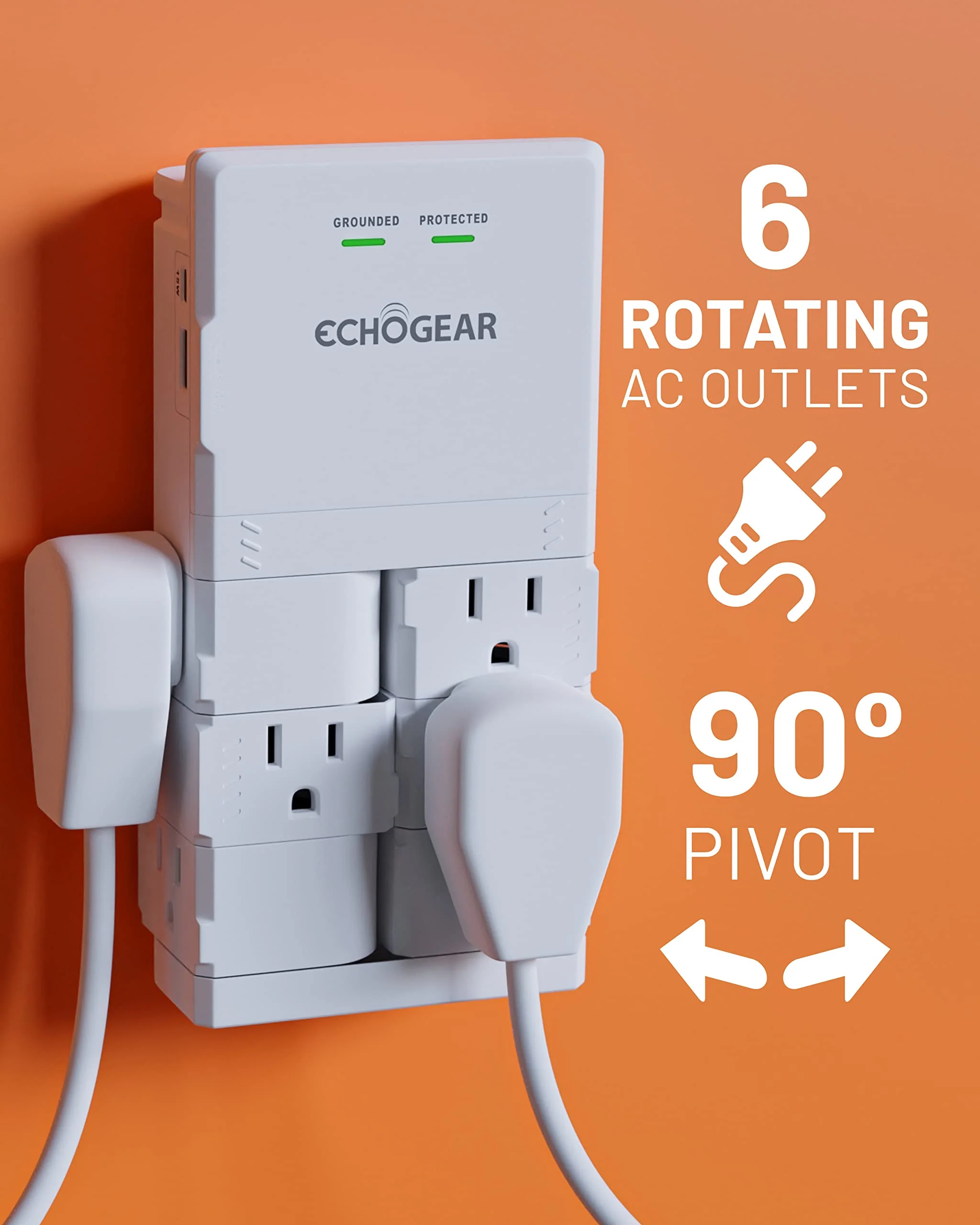 ECHOGEAR Wall Outlet with USB Ports & Surge Protection - Power Protect 8 Devices 6 Rotating AC Plugs 2 Includes 1x USB-C Port USB-A White White With USB-C & USB-A - Image 2
