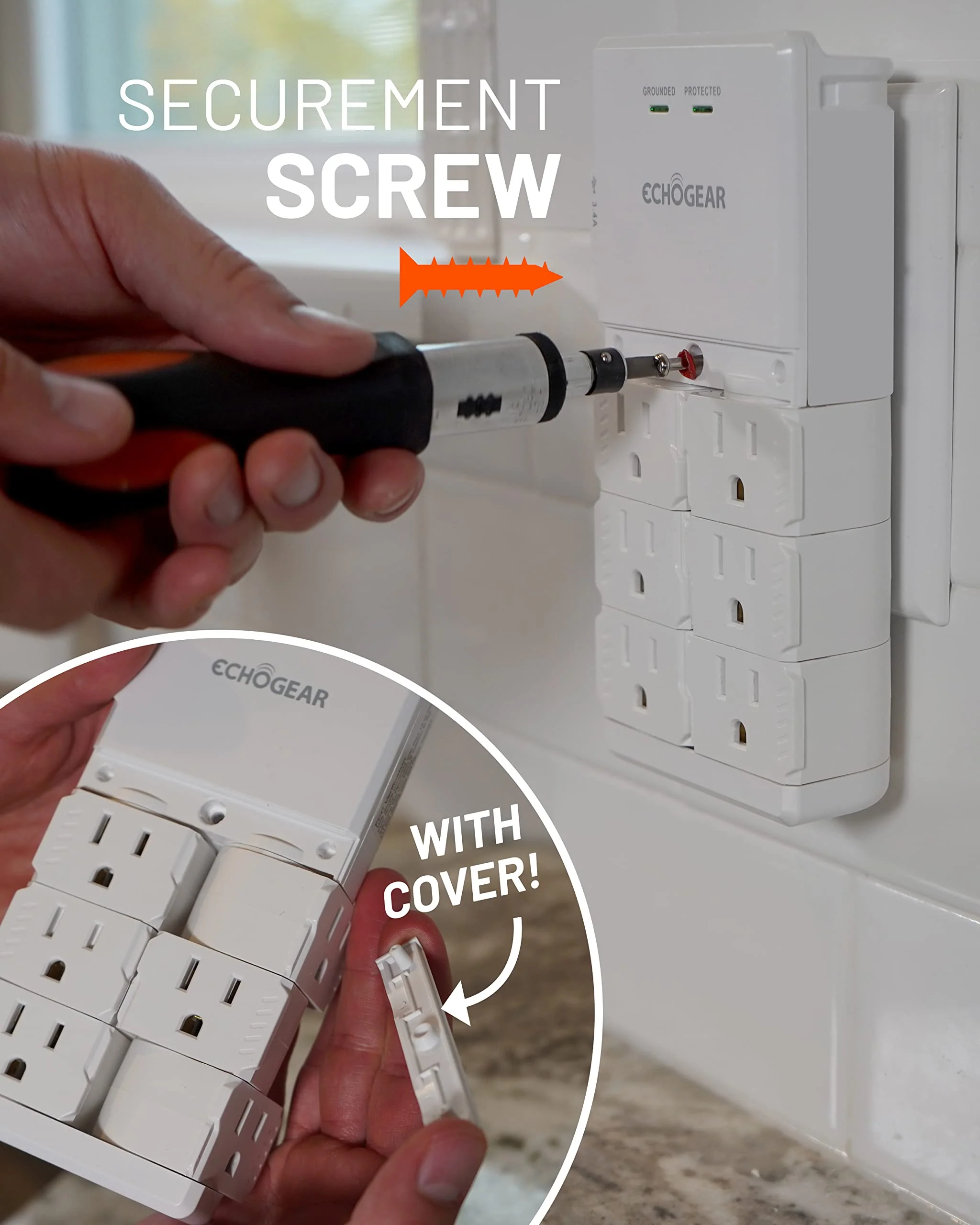 ECHOGEAR Wall Outlet with USB Ports & Surge Protection - Power Protect 8 Devices 6 Rotating AC Plugs 2 Includes 1x USB-C Port USB-A White White With USB-C & USB-A - Image 5