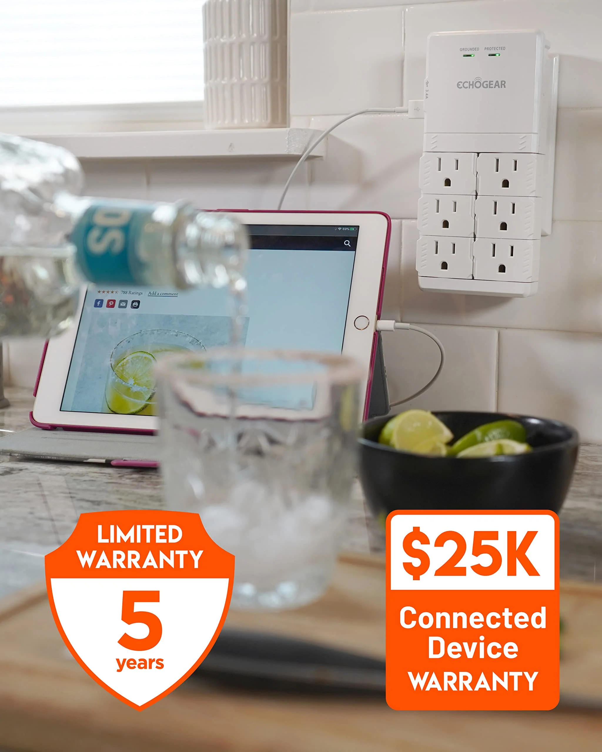 ECHOGEAR Wall Outlet with USB Ports & Surge Protection - Power Protect 8 Devices 6 Rotating AC Plugs 2 Includes 1x USB-C Port USB-A White White With USB-C & USB-A - Image 8
