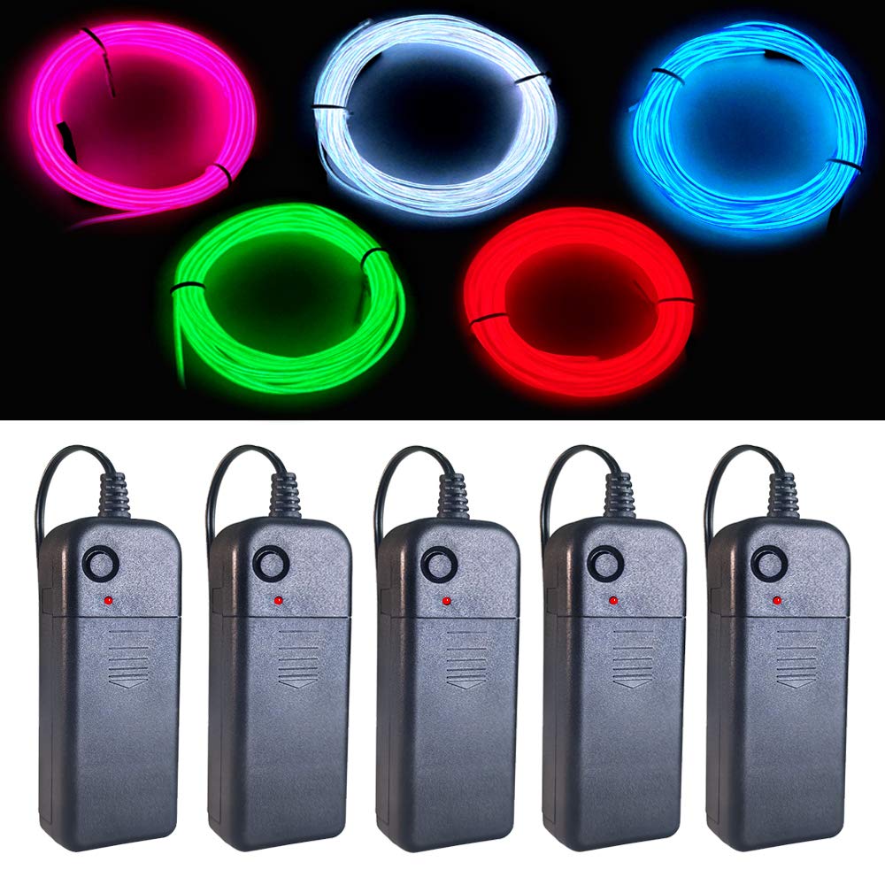 EL Wire 5 Pack, 9ft Neon Light Wire Noise Reduction with Battery Pack(Green, Blue, Red, White, Pink)… (9ft)