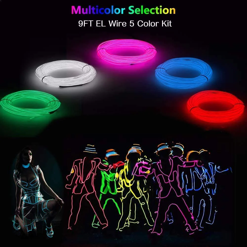 EL Wire 5 Pack, 9ft Neon Light Wire Noise Reduction with Battery Pack(Green, Blue, Red, White, Pink)… (9ft) - Image 2