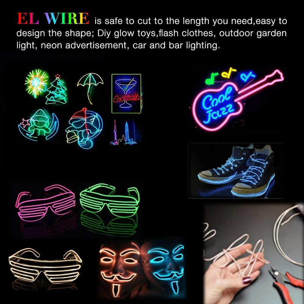 EL Wire 5 Pack, 9ft Neon Light Wire Noise Reduction with Battery Pack(Green, Blue, Red, White, Pink)… (9ft) - Image 5