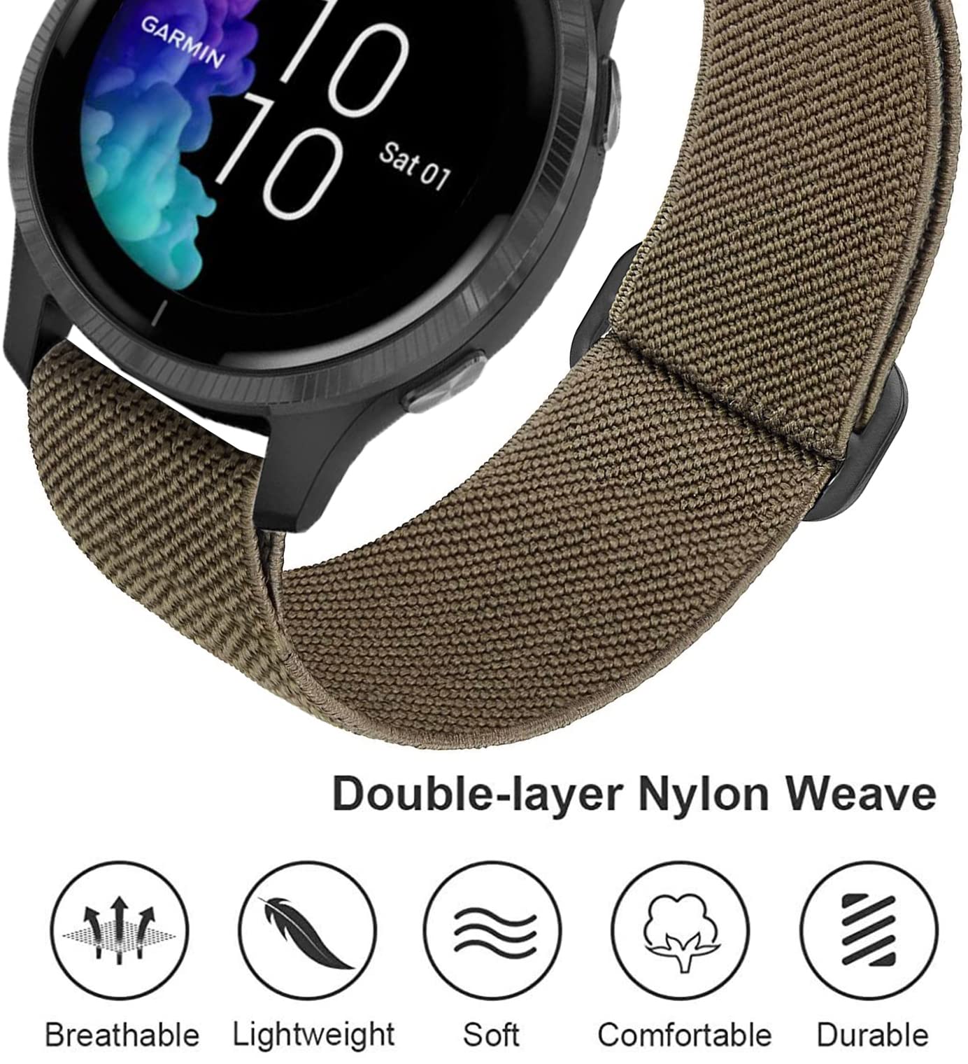 Elastic Bands for Garmin Venu/Sq/Sq 2/Forerunner 245/645 Music Watch Bands, Garmin Vivoactive 5 Bands, 20mm Nylon Sport Wristband for Garmin Vivomove HR/Sport,Vivoactive 3 Men Women Black+Green+Gray - Image 3