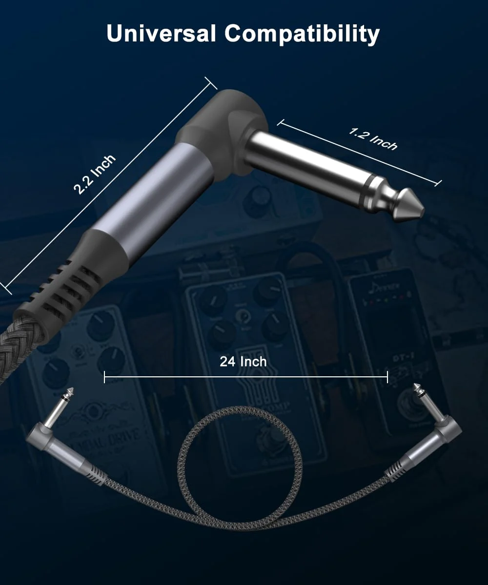 Elebase Guitar Pedal Patch Cables 6-Pack,24 Inch 6.35MM Effects Pedal Board Cord 1/4'' Right-Angle Braided Flat Audio Cable Shielded TS Copper Male Connector for Microphone Amp/Amplifier Mixer 24 Inch/0.6M Grey - Image 4
