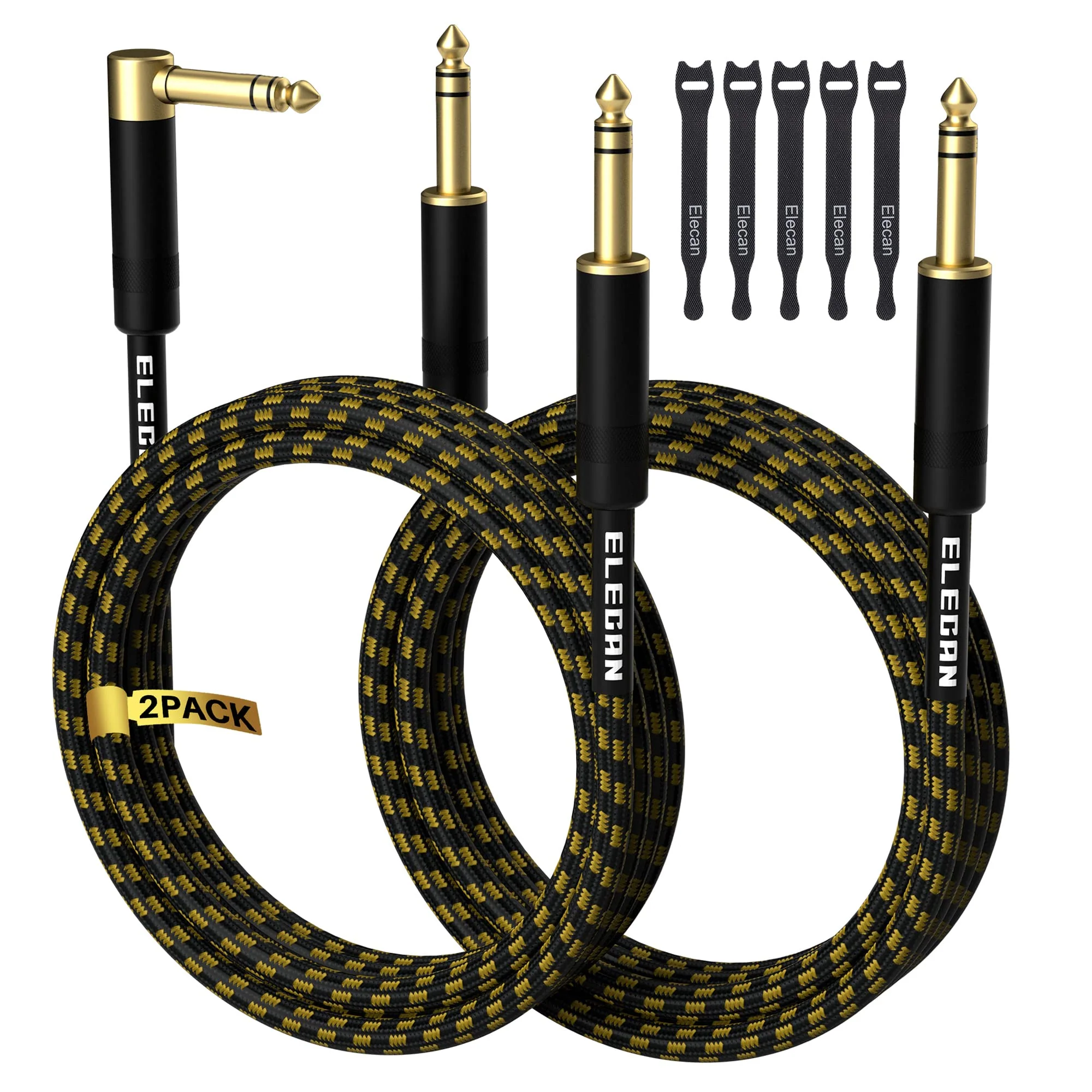Elecan 1/4 Inch TRS Instrument Cable 15 Ft/2 Pack-Right Angle+Straight to Straight 6.35mm Male Jack Stereo Audio Interconnect Cord-Gold Plated-Braided-Balanced Line for Electric Guitar Bass+ 5 Ties 15FT-2PK Angled to Straight + Straight to Straight