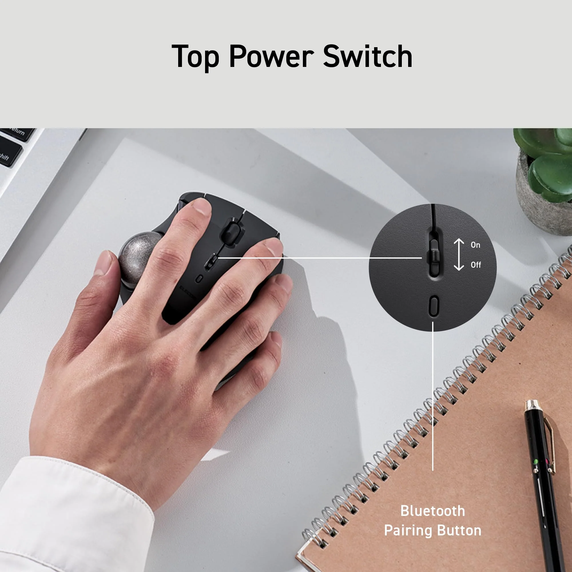 ELECOM Ergonomic Comfort Design Trackball IST Bluetooth 5.3, Smooth Tracking with Ruby Ball Bearing, 36mm Ball, Thumb Control, Compatible for Windows, PC, Mac, iPadOS, and Android White (M-IT10BRWH) - Image 8