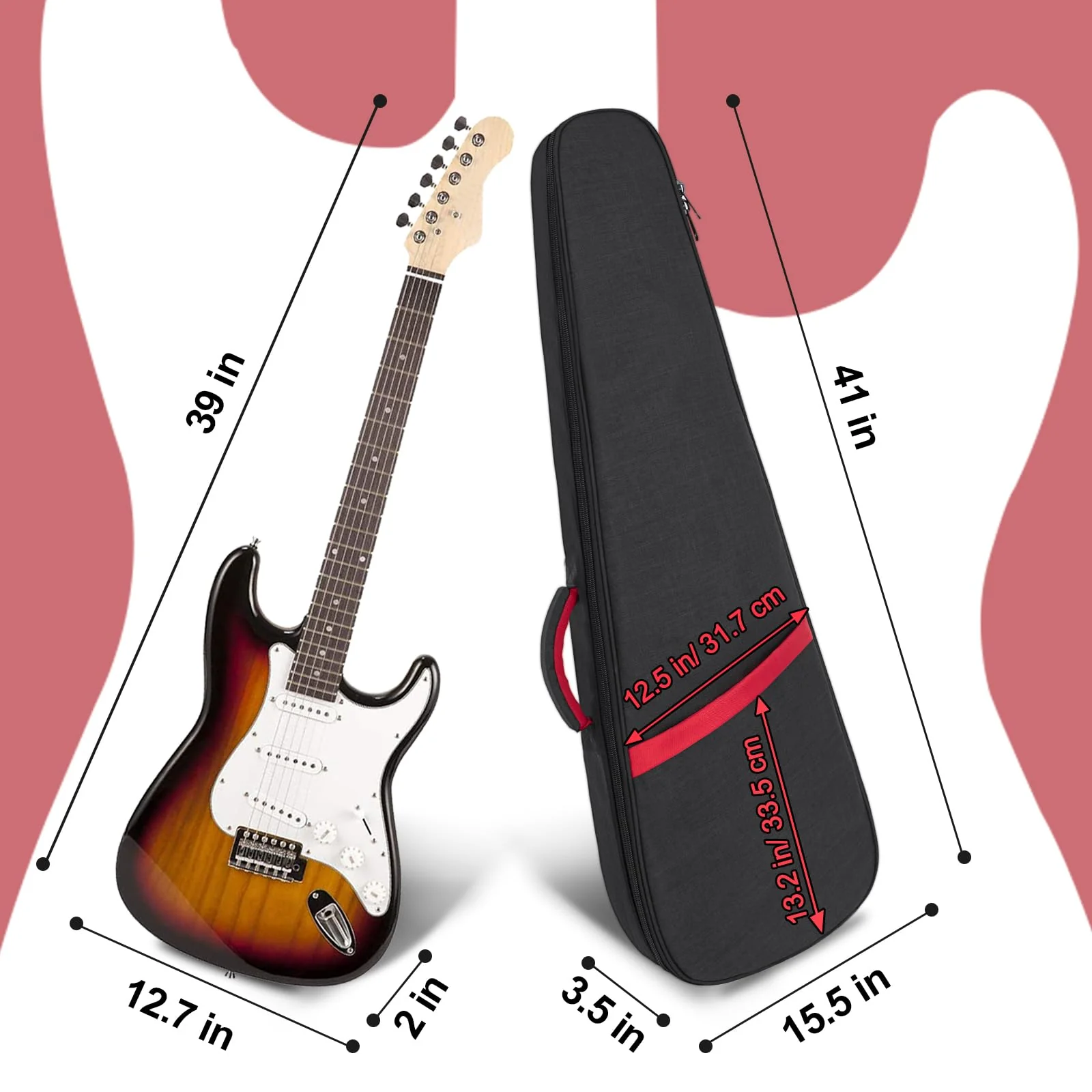 Electric Guitar Bag 11mm Thick Padded Electric Guitar Gig Bag, 39 Inch Electric Guitar Case Backpack with Neck Strap and Pocket, Black Black/Red Strip(Triangle) - Image 3