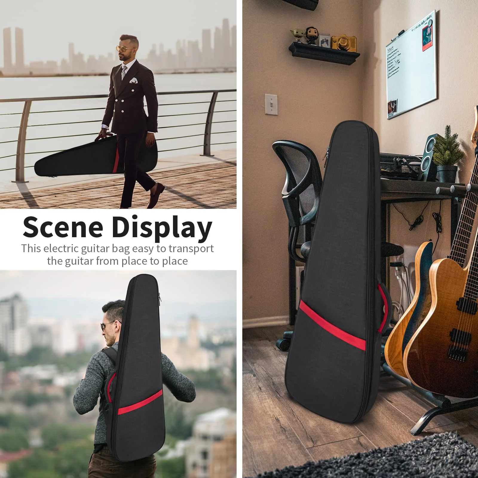 Electric Guitar Bag 11mm Thick Padded Electric Guitar Gig Bag, 39 Inch Electric Guitar Case Backpack with Neck Strap and Pocket, Black Black/Red Strip(Triangle) - Image 6