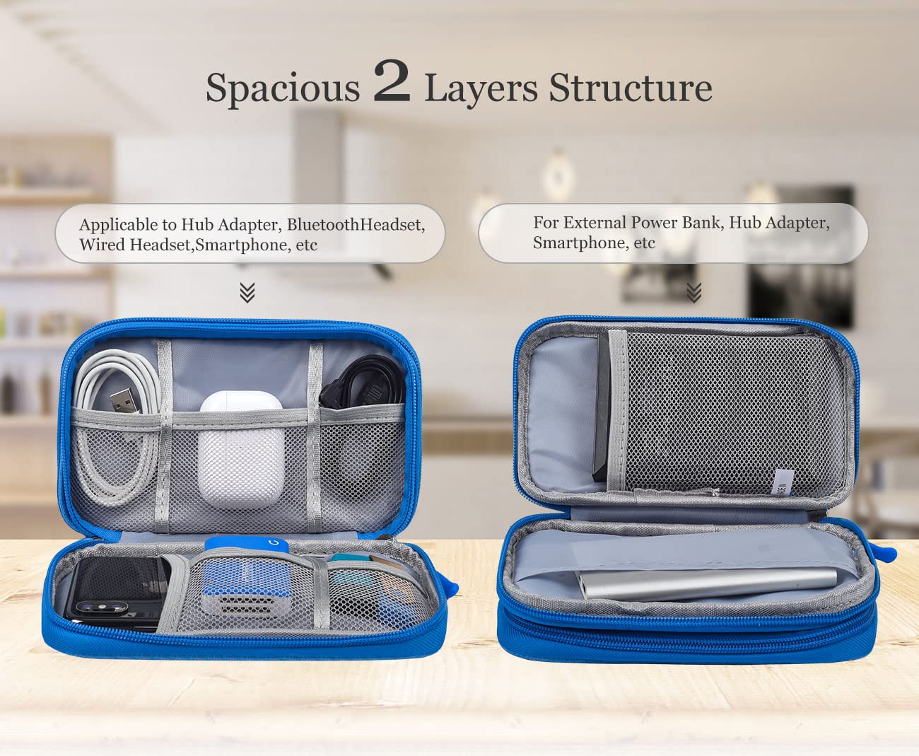 Electronics Accessories Organizer Pouch Bag, Electronic Organizer Travel Case Cable Organizer Electronics Accessories Bag for Cable, Charger, SD Card, Business Travel Gadget Bag (Blue) Double Layer - Blue - Image 3