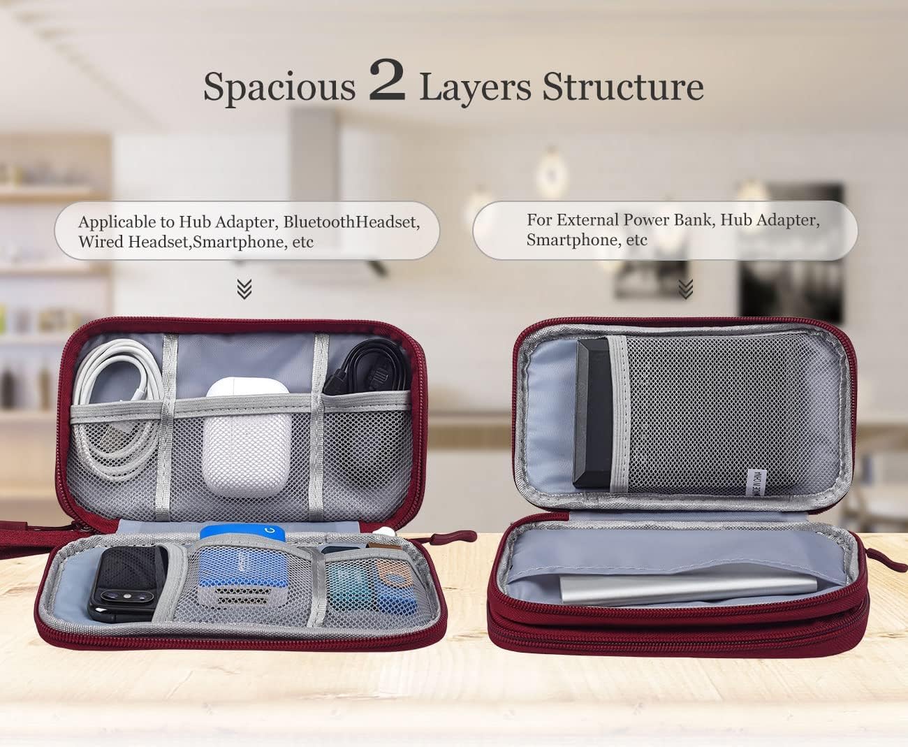 Electronics Accessories Organizer Pouch Bag, Travel Universal Organizer for Cable, Charger, Phone, SD Card, Business Travel Gadget Bag (Wine Red) Double Layer - Wine Red - Image 3