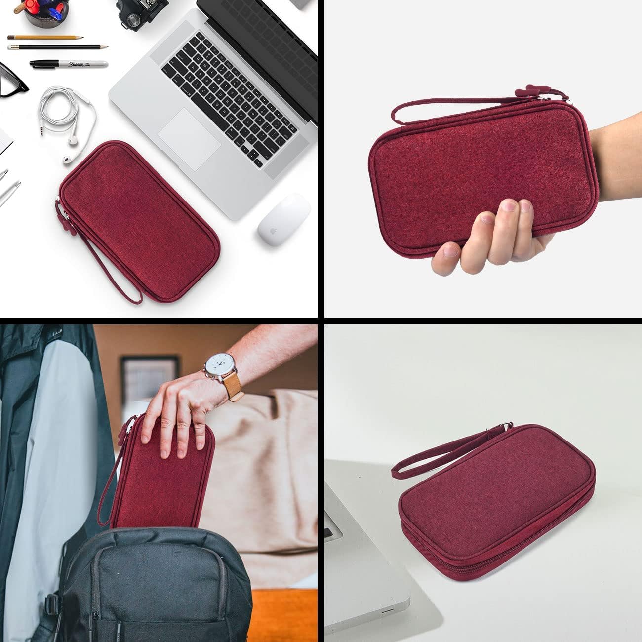 Electronics Accessories Organizer Pouch Bag, Travel Universal Organizer for Cable, Charger, Phone, SD Card, Business Travel Gadget Bag (Wine Red) Double Layer - Wine Red - Image 7