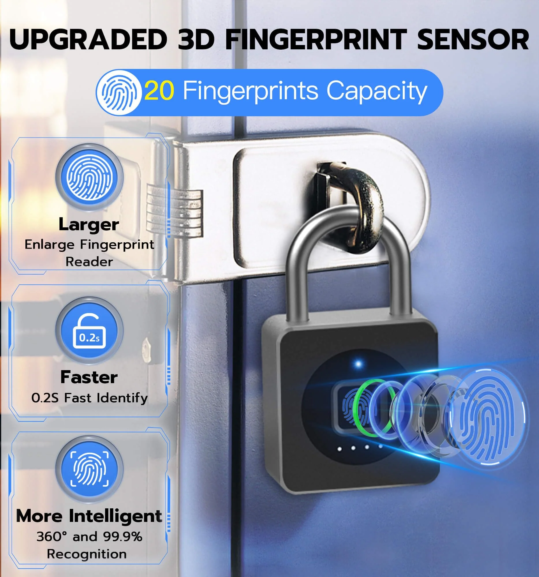eLinkSmart Fingerprint Gym Locker Lock, Keyless Biometric Padlock, Weatherproof Electronic Digital Smart Combo Pad Lock for Outdoor Fence Gate Storage Fridge Helmet Ski Pool Shed (Black, with Cable) Black, with Cable - Image 3