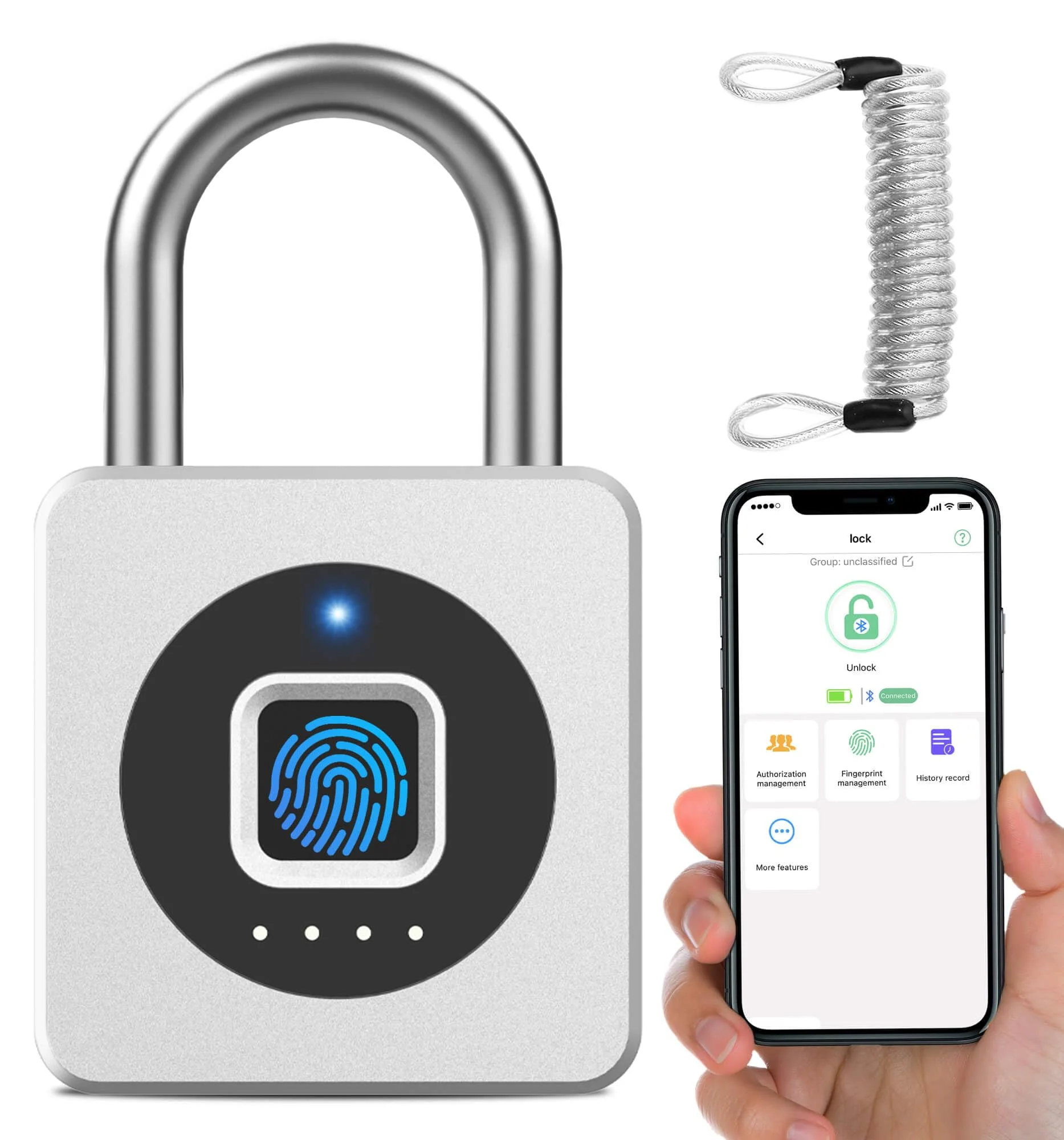 eLinkSmart Fingerprint Gym Locker Lock, Keyless Biometric Padlock, Weatherproof Electronic Digital Smart Combo Pad Lock for Outdoor Fence Gate Storage Fridge Helmet Ski Pool Shed (Silver, with Cable) Silver, with Cable