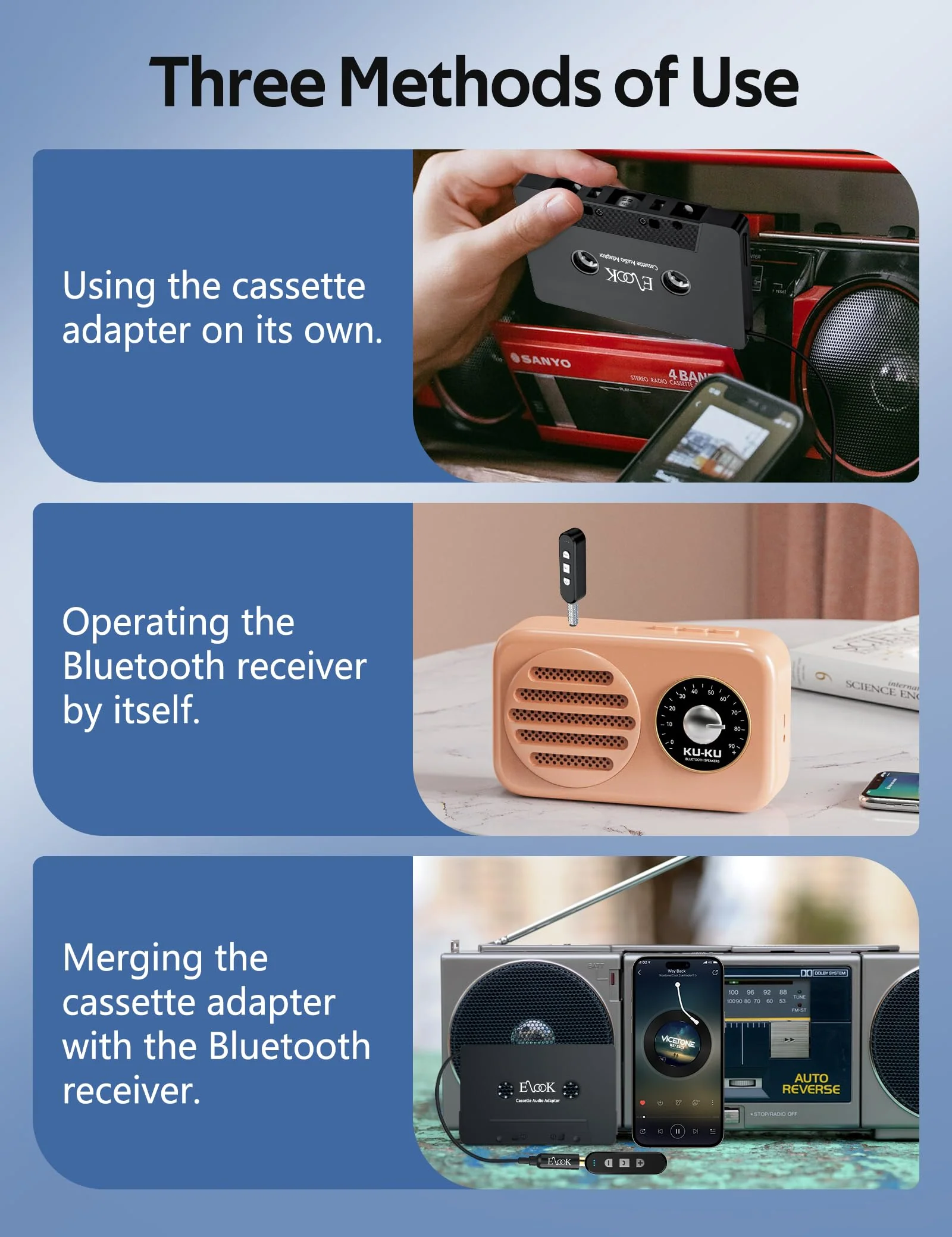 Elook Cassette to Bluetooth Adapter for Car, 5.1 Bluetooth Receiver Kit for Cassette Aux Adapter with 3.5 MM Auxillary Cable, Black - Image 2
