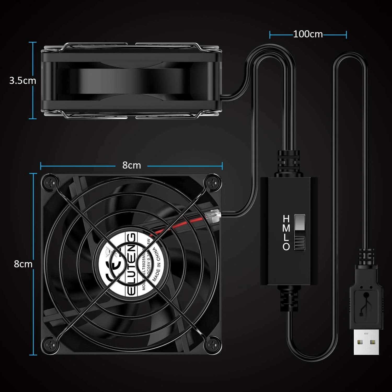 ELUTENG Dual USB Fan 80mm, 3 Speed Adjustable USB Ventilator with 2750RPM 5V Fan for Computer/Laptop/Router/TV Cabinet/DVR/Xbox/Game Console Cooling - Image 7