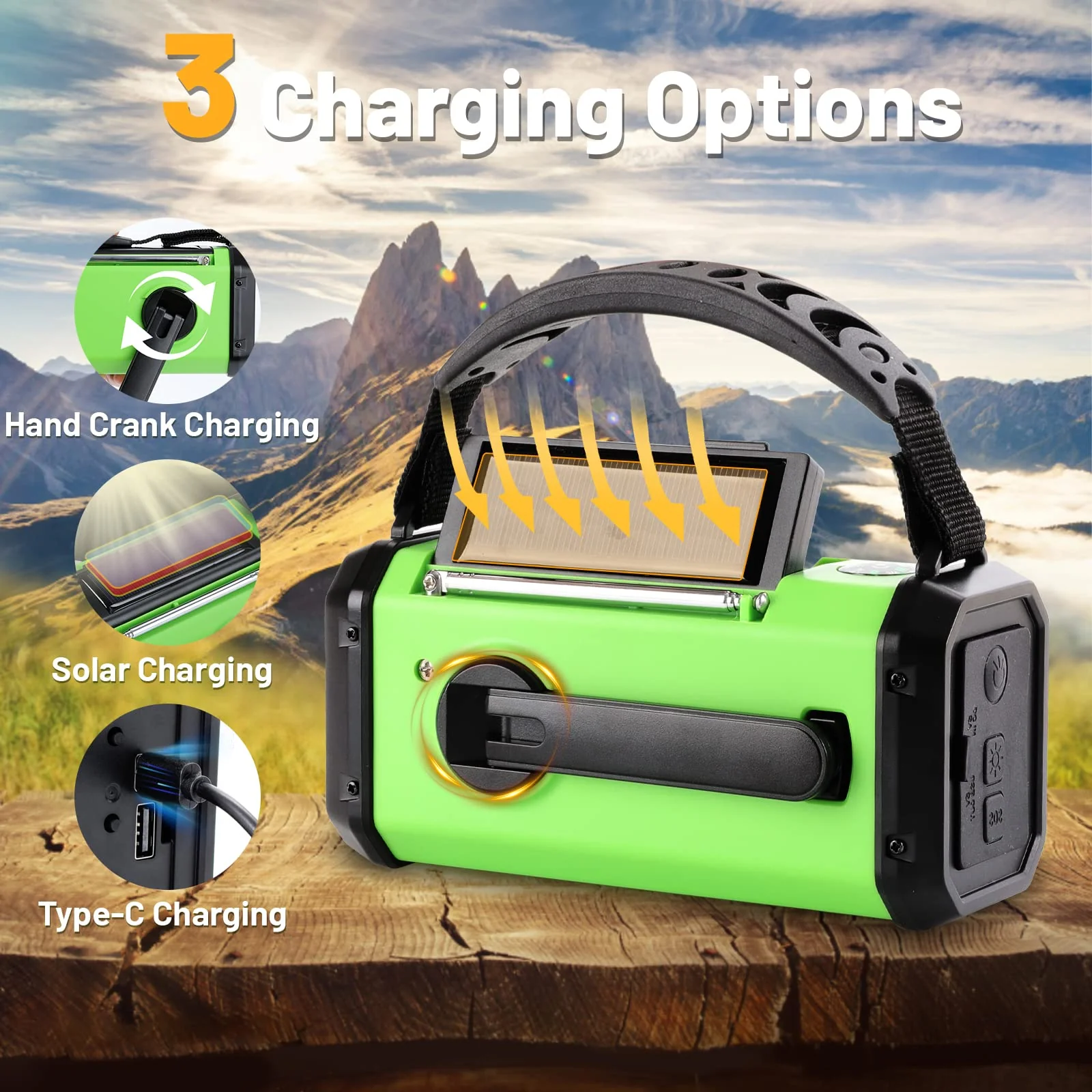Emergency Hand Crank Radio with 10000mAh/37000mWh Battery Backup, AM FM NOAA Weather Radio, Type-C Charge,Solar Radio,SOS, 3 Modes LED Flashlight,Reading Lamp, Compass for Outdoor Survival Mint Green - Image 3
