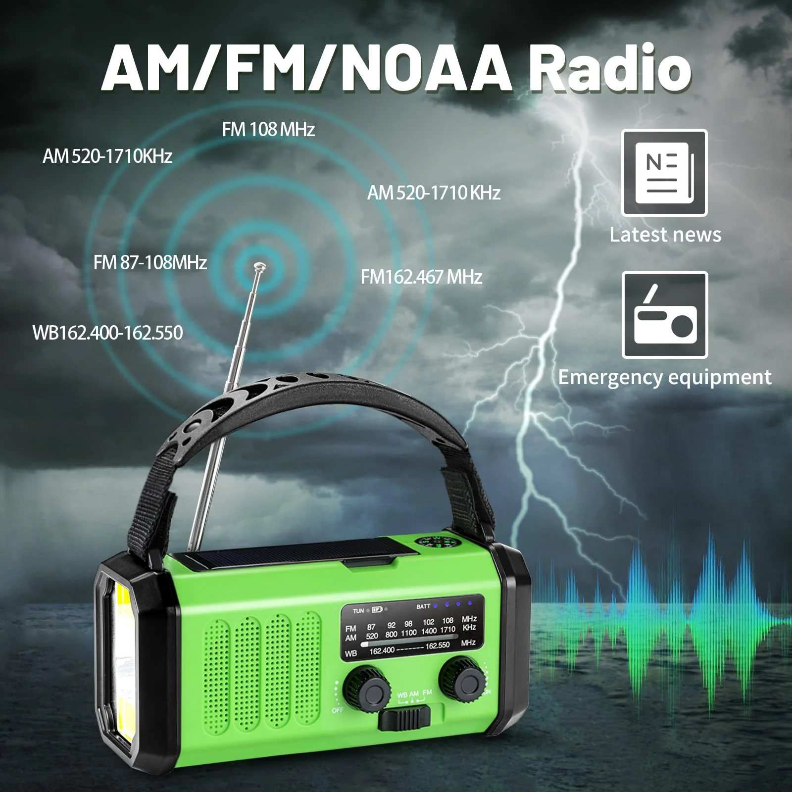 Emergency Hand Crank Radio with 10000mAh/37000mWh Battery Backup, AM FM NOAA Weather Radio, Type-C Charge,Solar Radio,SOS, 3 Modes LED Flashlight,Reading Lamp, Compass for Outdoor Survival Mint Green - Image 4