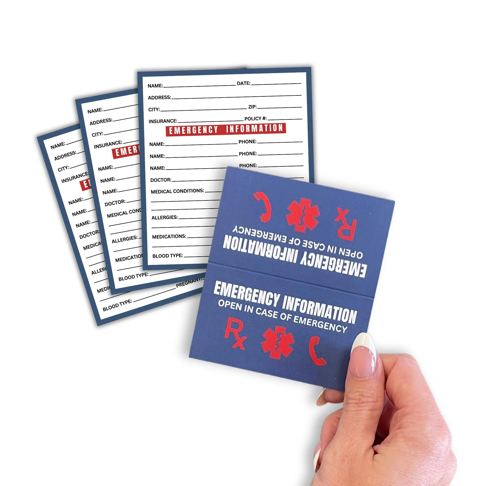 Emergency Info ICE Folded Wallet Card | 10 pk 2x3.5” Blue Medications, Blood Type Identification Card Contacts, Doctor, Allergies in Case of Emergency Bulk Medical ID