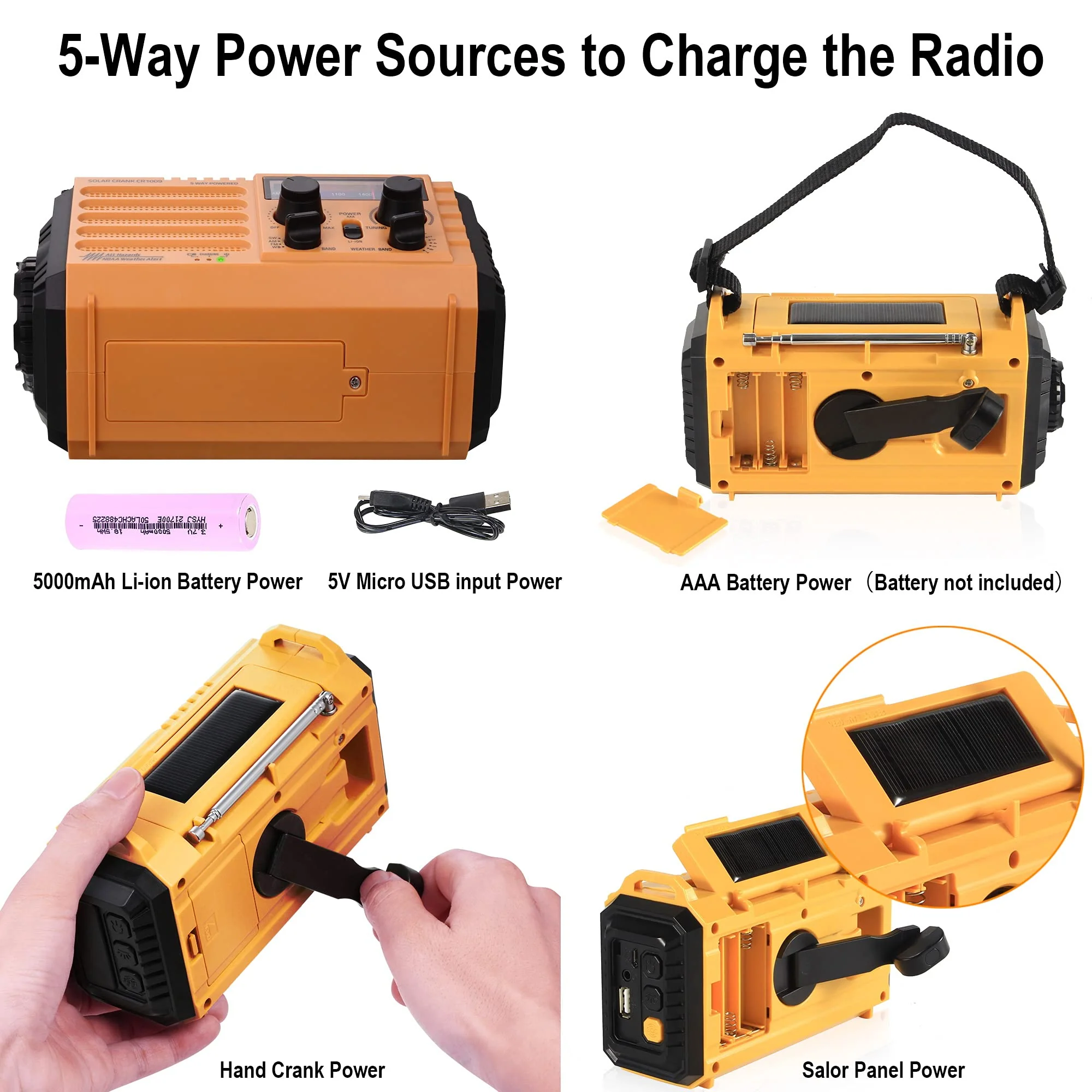 Emergency Radio with NOAA Weather Alert, Rechargeable 5000mAh Battery Operated Solar Hand Crank Radio, Outdoor Portable AM FM SW Radio with USB Charger, Flashlight,Reading Lamp, SOS Alarm for Survival Yellow - Image 2