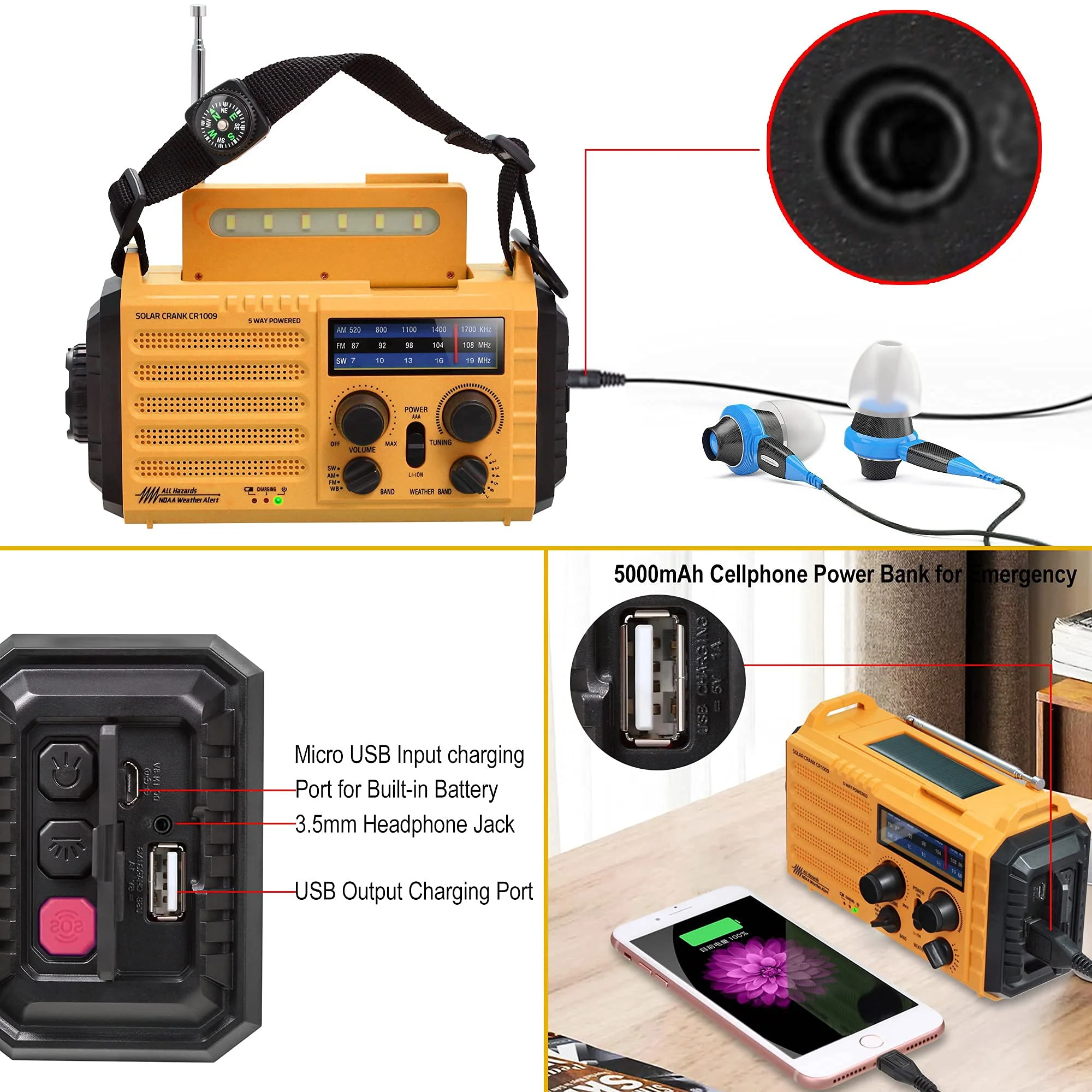 Emergency Radio with NOAA Weather Alert, Rechargeable 5000mAh Battery Operated Solar Hand Crank Radio, Outdoor Portable AM FM SW Radio with USB Charger, Flashlight,Reading Lamp, SOS Alarm for Survival Yellow - Image 3
