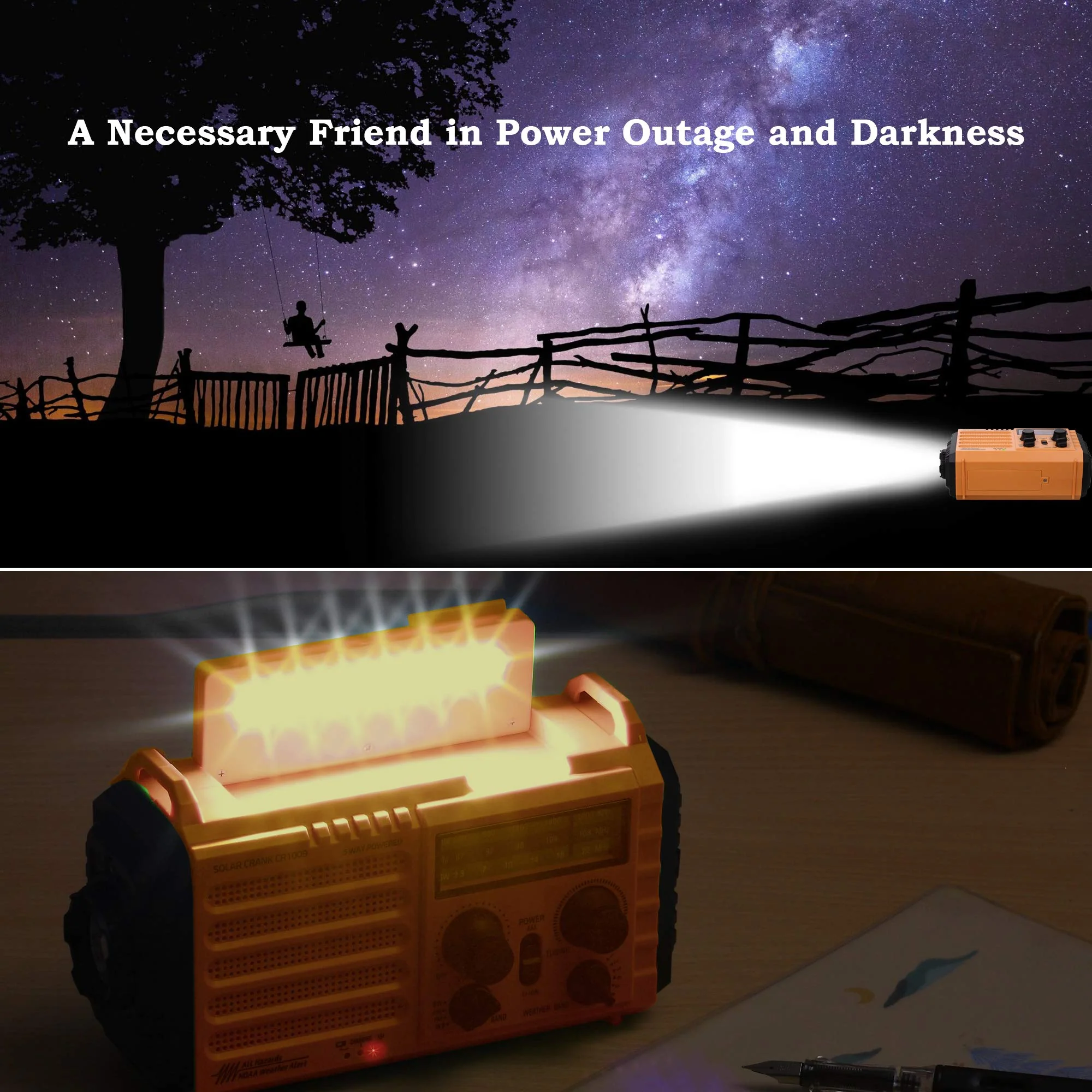Emergency Radio with NOAA Weather Alert, Rechargeable 5000mAh Battery Operated Solar Hand Crank Radio, Outdoor Portable AM FM SW Radio with USB Charger, Flashlight,Reading Lamp, SOS Alarm for Survival Yellow - Image 4