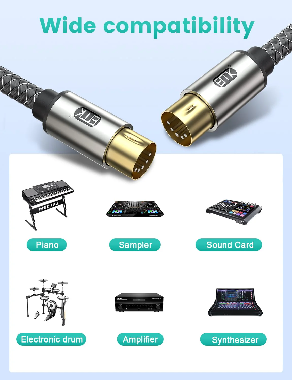 EMK Premium 5-Pin MIDI Cable (1 PCS, 4Ft/1.2M) - Nylon Braided Durable MIDI to MIDI Cord for Keyboard, Synthesizer, Guitar Pedal, Sampler, Audio Interface, Mixer - Gold-Plated Connectors 5-Pin MIDI Cable 1PCS 1.2M - Image 3