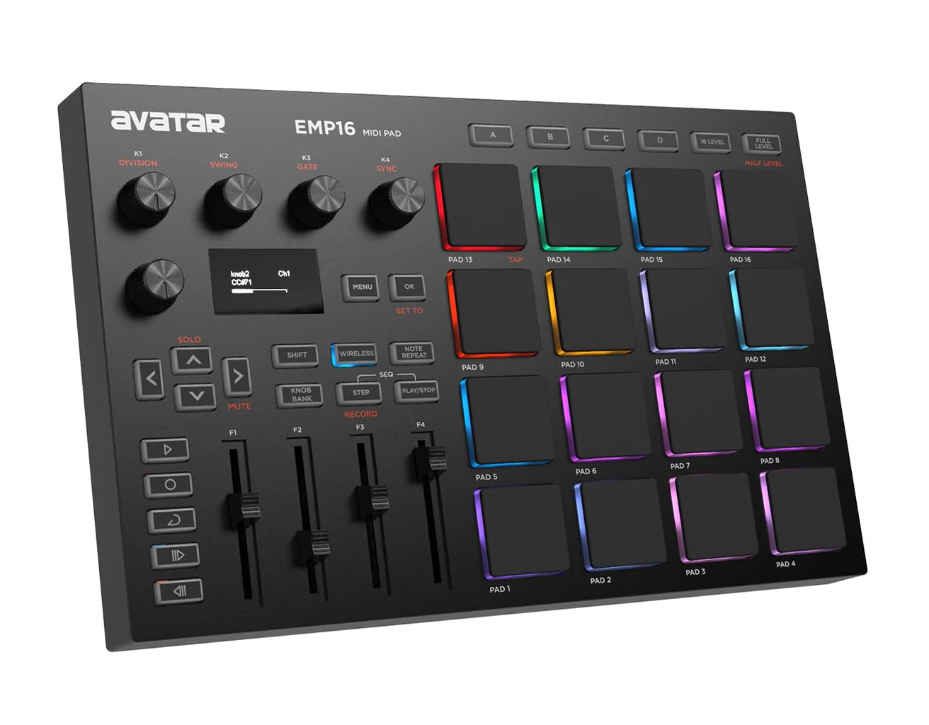 EMP16 MIDI Pad Controller Beat Maker Machine With Bluetooth, 16 RGB Velocity Sensitive Beat Pads, 16 Level, Full/Half Level, OLED Display, MIDI In/Out