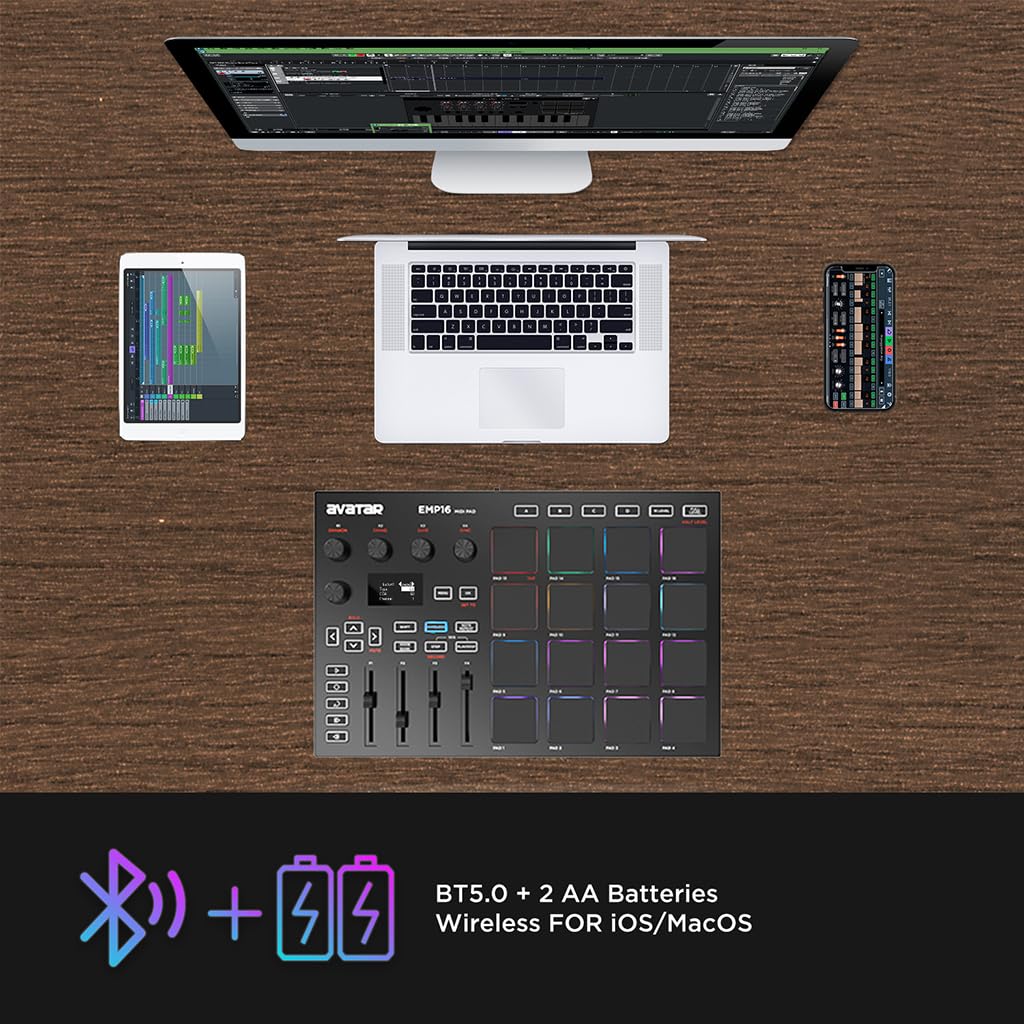 EMP16 MIDI Pad Controller Beat Maker Machine With Bluetooth, 16 RGB Velocity Sensitive Beat Pads, 16 Level, Full/Half Level, OLED Display, MIDI In/Out - Image 2