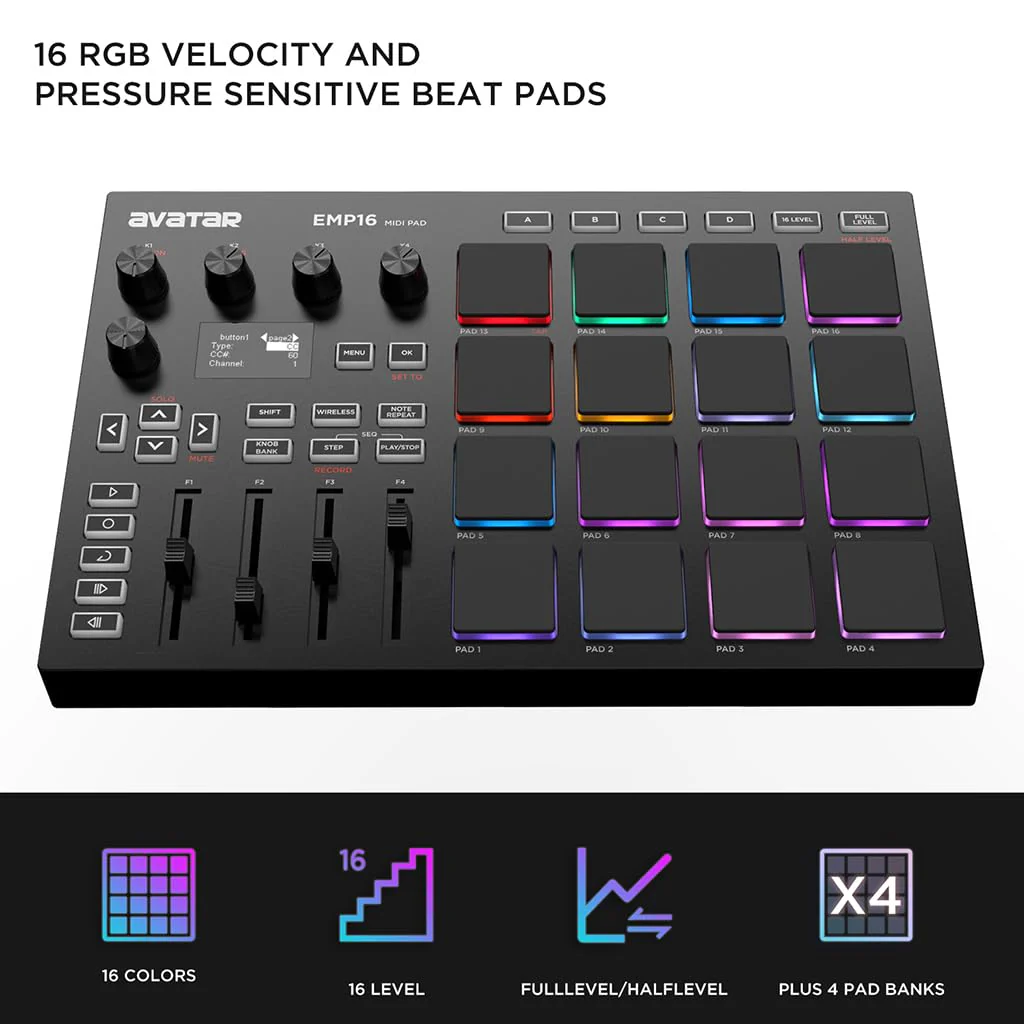 EMP16 MIDI Pad Controller Beat Maker Machine With Bluetooth, 16 RGB Velocity Sensitive Beat Pads, 16 Level, Full/Half Level, OLED Display, MIDI In/Out - Image 3